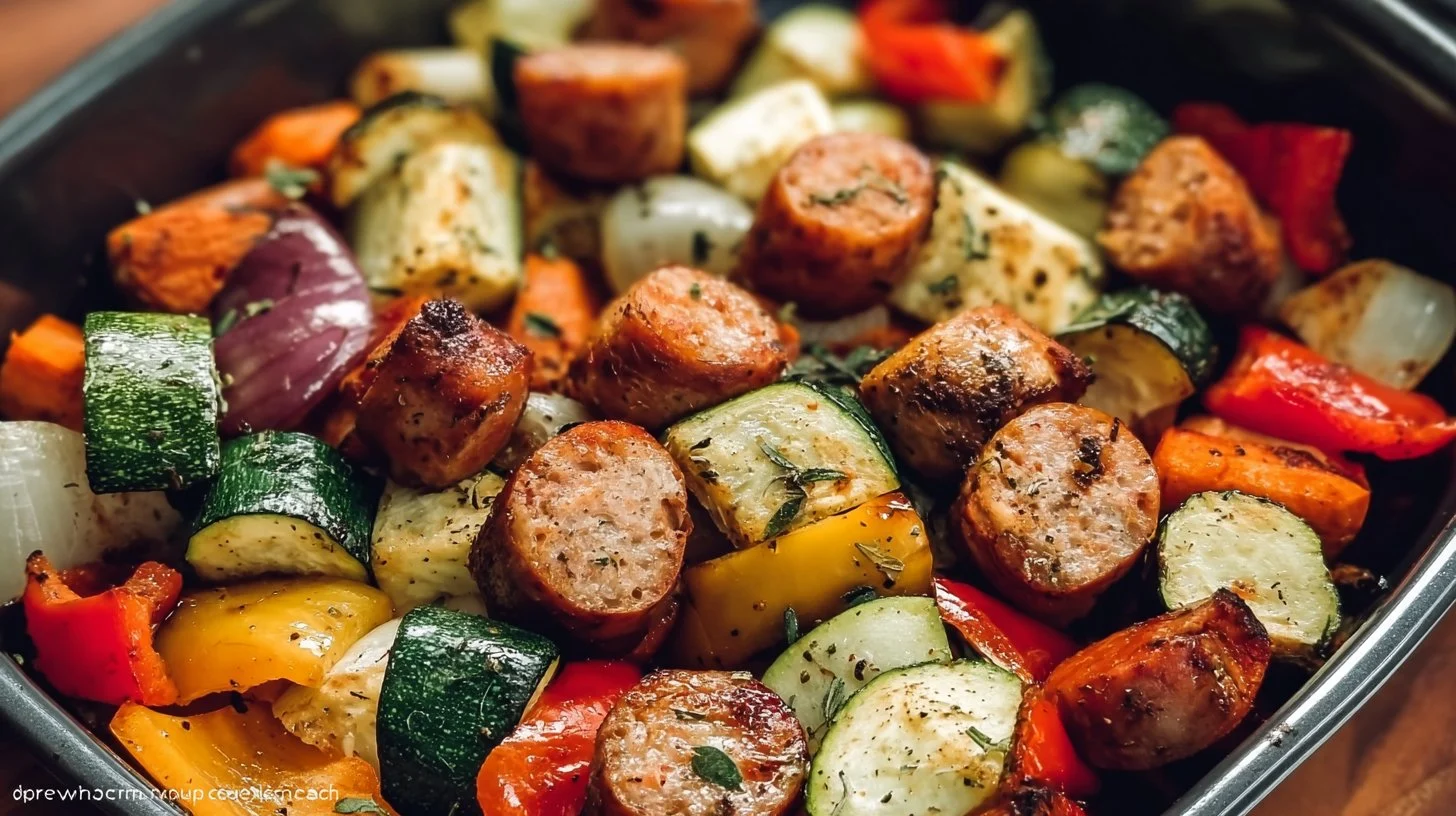 10 Minute Air Fryer Chicken Sausage and Veggies