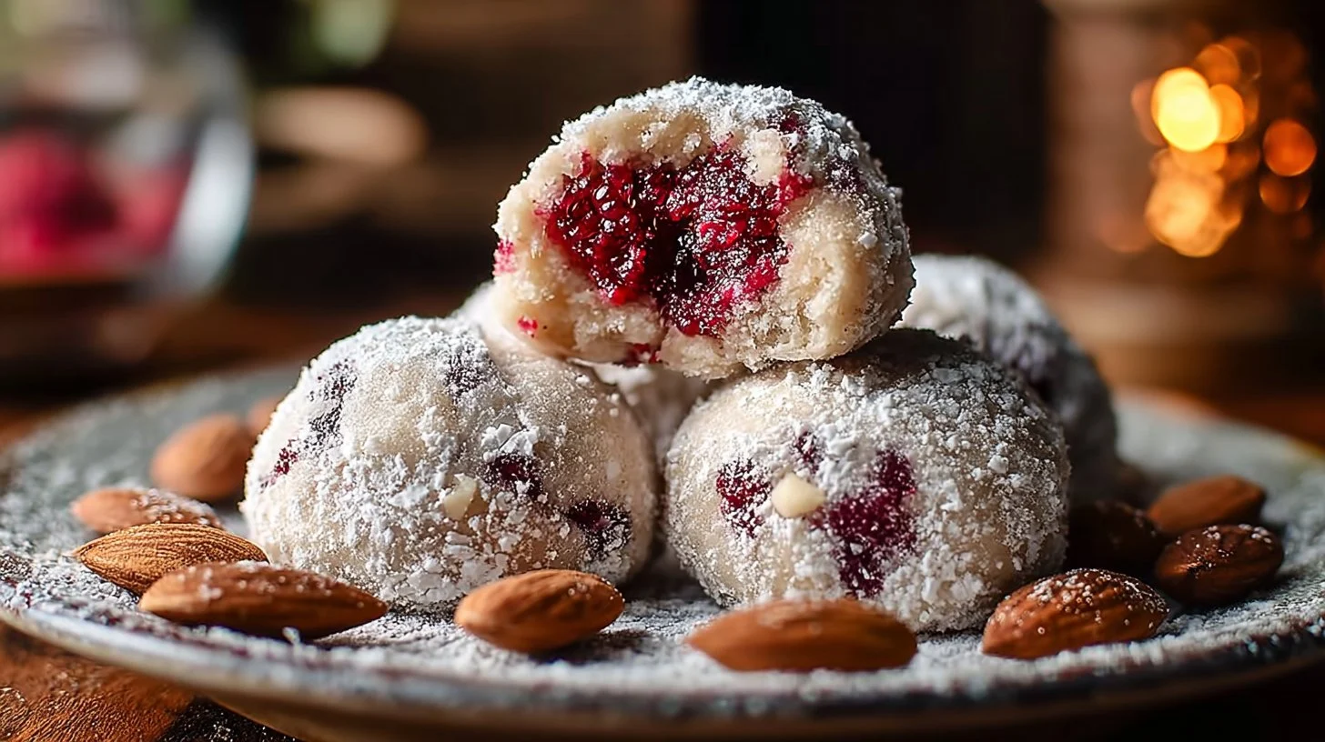 Raspberry Almond Snowball Cookies