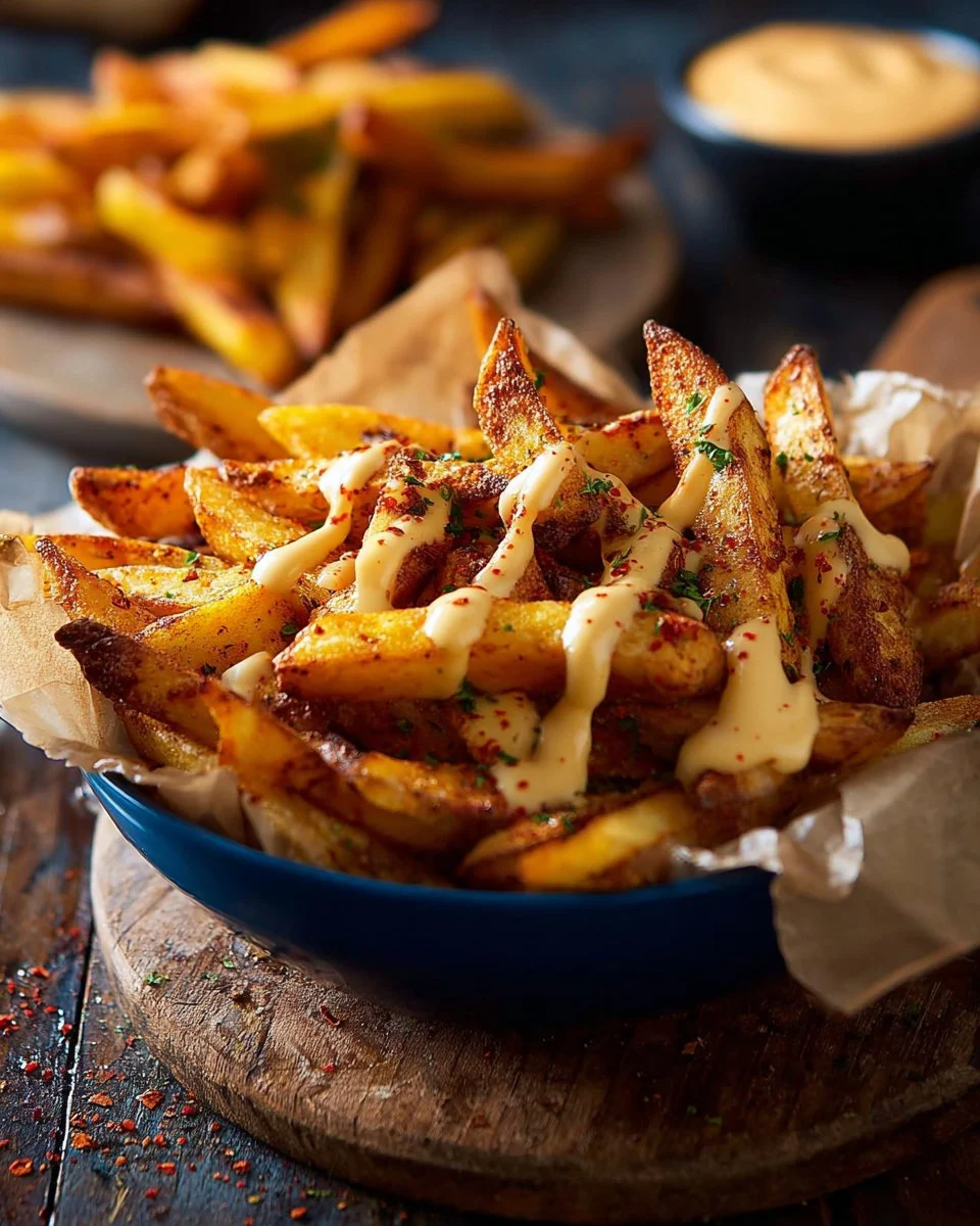 Baked Spicy Fries With Garlic Cheese Sauce