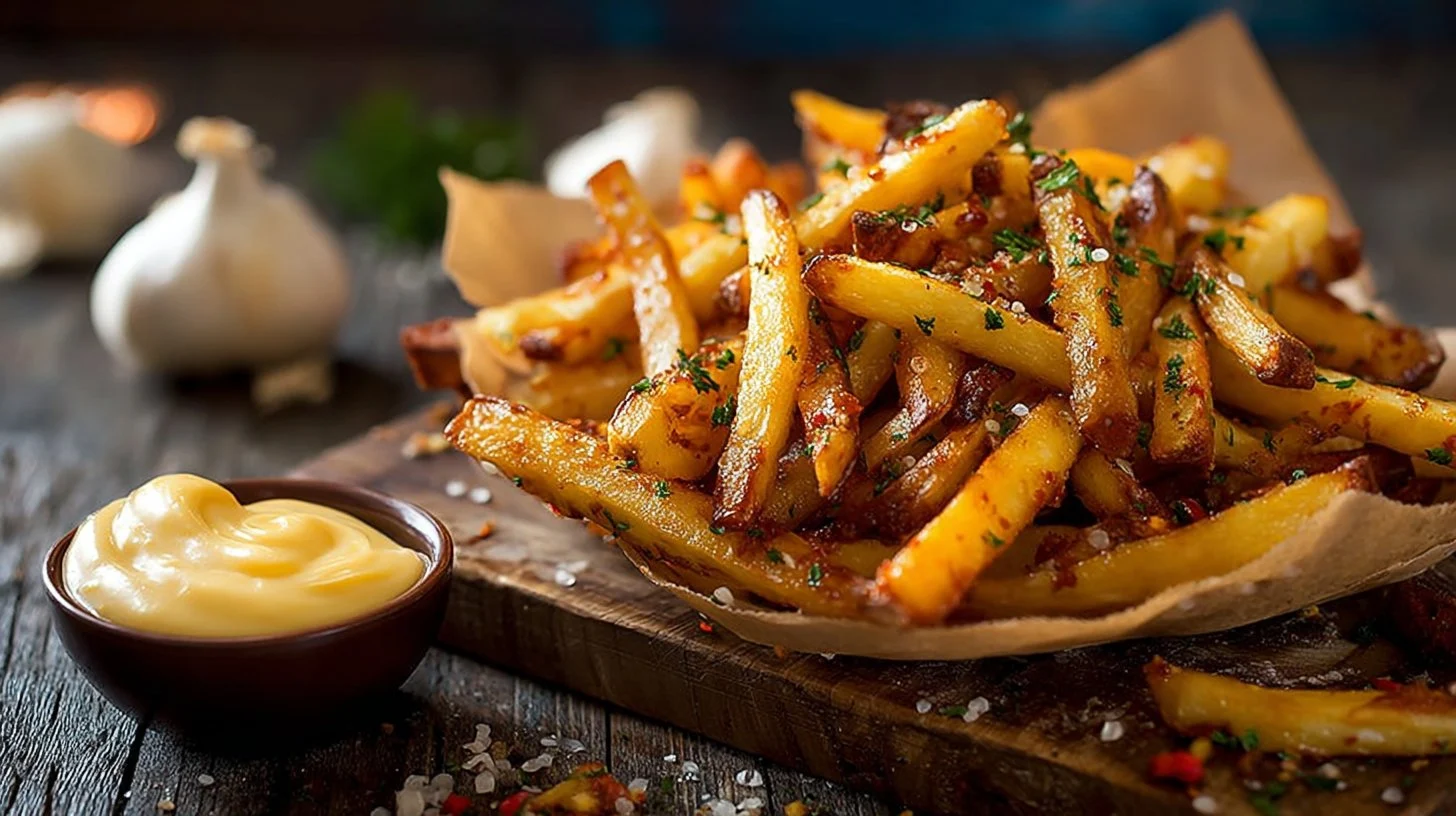 Baked Spicy Fries With Garlic Cheese Sauce