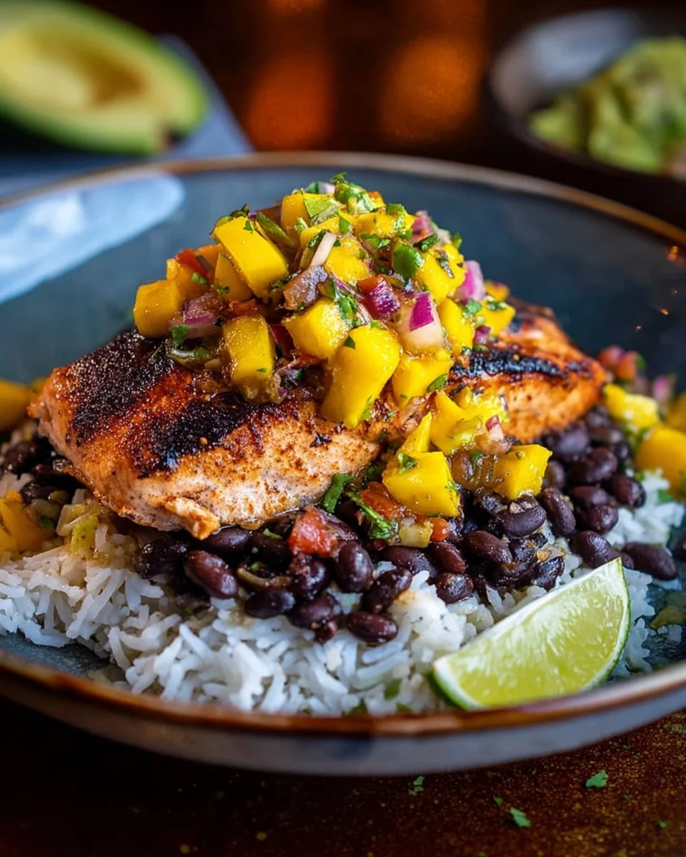 Caribbean Jerk Salmon Bowl with Mango Salsa