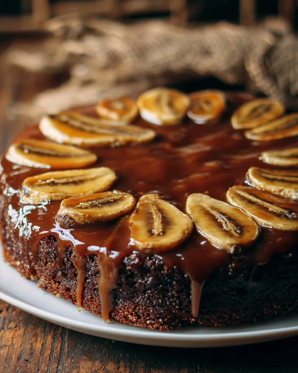 Chocolate Peanut Butter Banana Upside Down Cake