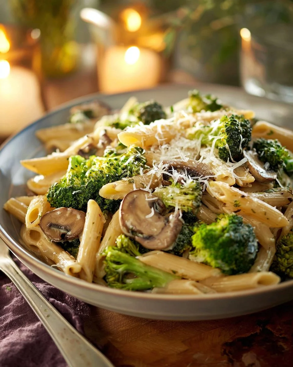 Rustic Garlic Butter Pasta With Roasted Broccoli And Sautéed Mushrooms
