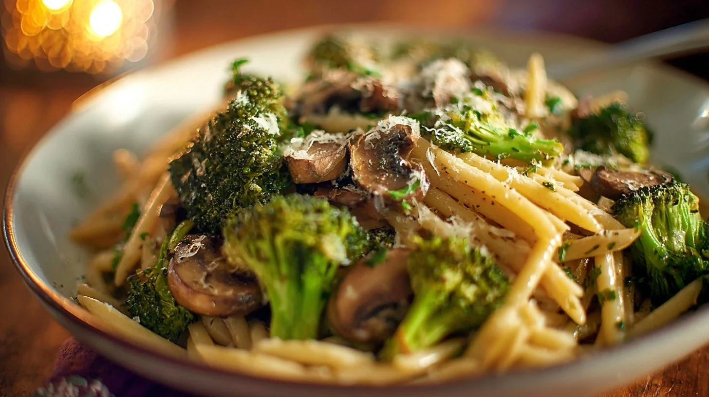 Rustic Garlic Butter Pasta With Roasted Broccoli And Sautéed Mushrooms