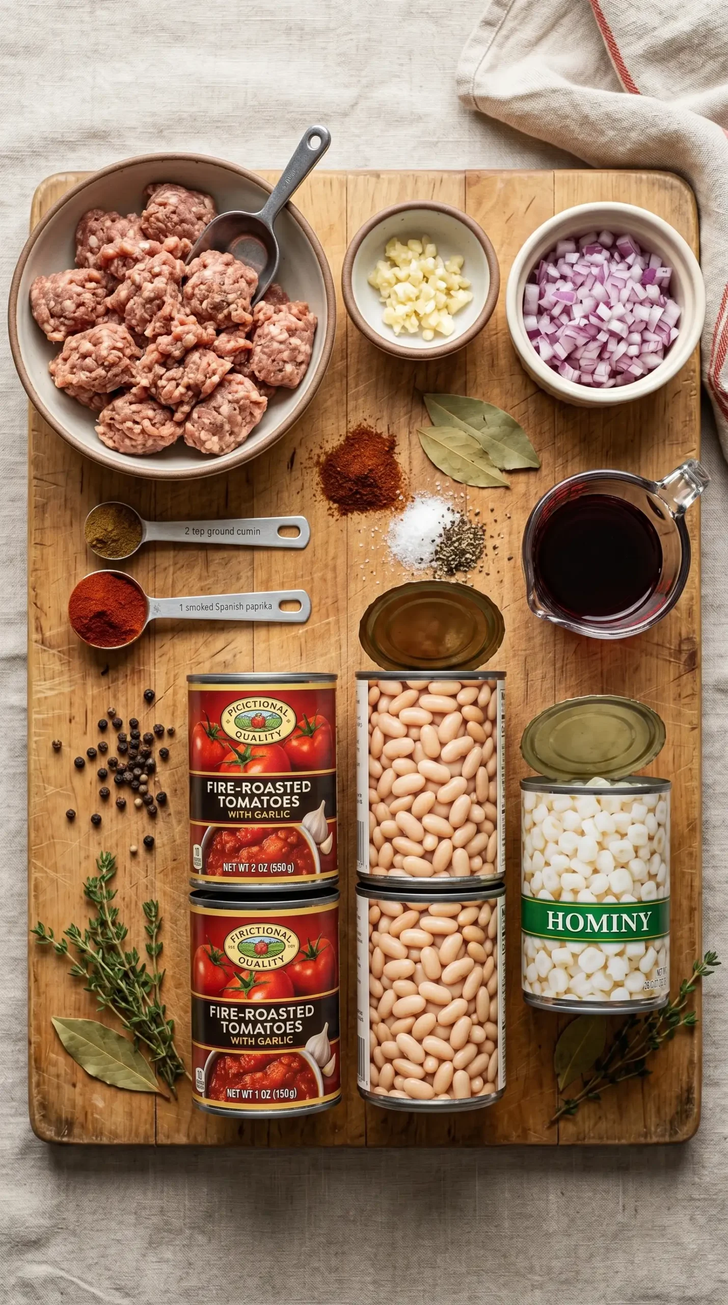 A neatly arranged ingredients board showcasing the key components for Smoky White Bean Chili with Pork. Include 1 lb of ground pork sausage, 2 minced garlic cloves, 1 chopped red onion, 2 teaspoons ground cumin, 1 tablespoon smoked Spanish paprika, 2 teaspoons chili powder, 1/2 teaspoon salt, 1/2 teaspoon freshly ground pepper, 1/3 cup of red wine, 2 cans of fire-roasted tomatoes with garlic, 2 cans of white beans, and 1 can of hominy. The ingredients should be displayed on a simple wooden cutting board against a neutral background, with some herbs or spices subtly placed around for a natural feel.