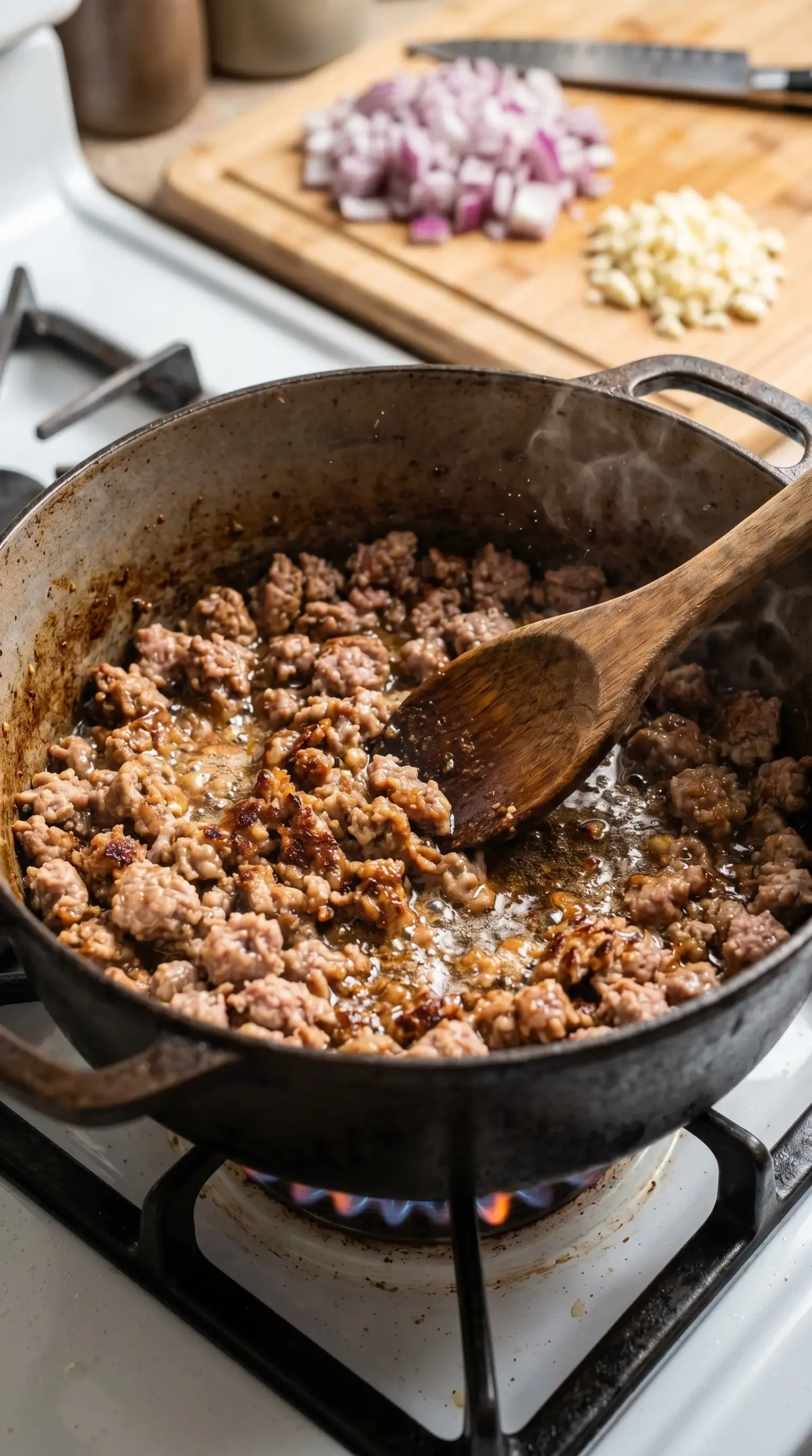 A close-up shot of a large pot on a stove with ground pork sausage being browned. The sausage should be visibly sizzling, with some fat rendering, and there's a wooden spoon stirring it. In the background, chopped red onion and minced garlic are ready to be added. The stove should have a slight sheen from the cooking fat, and the pot should show some browning on the sausage for an appetizing look.