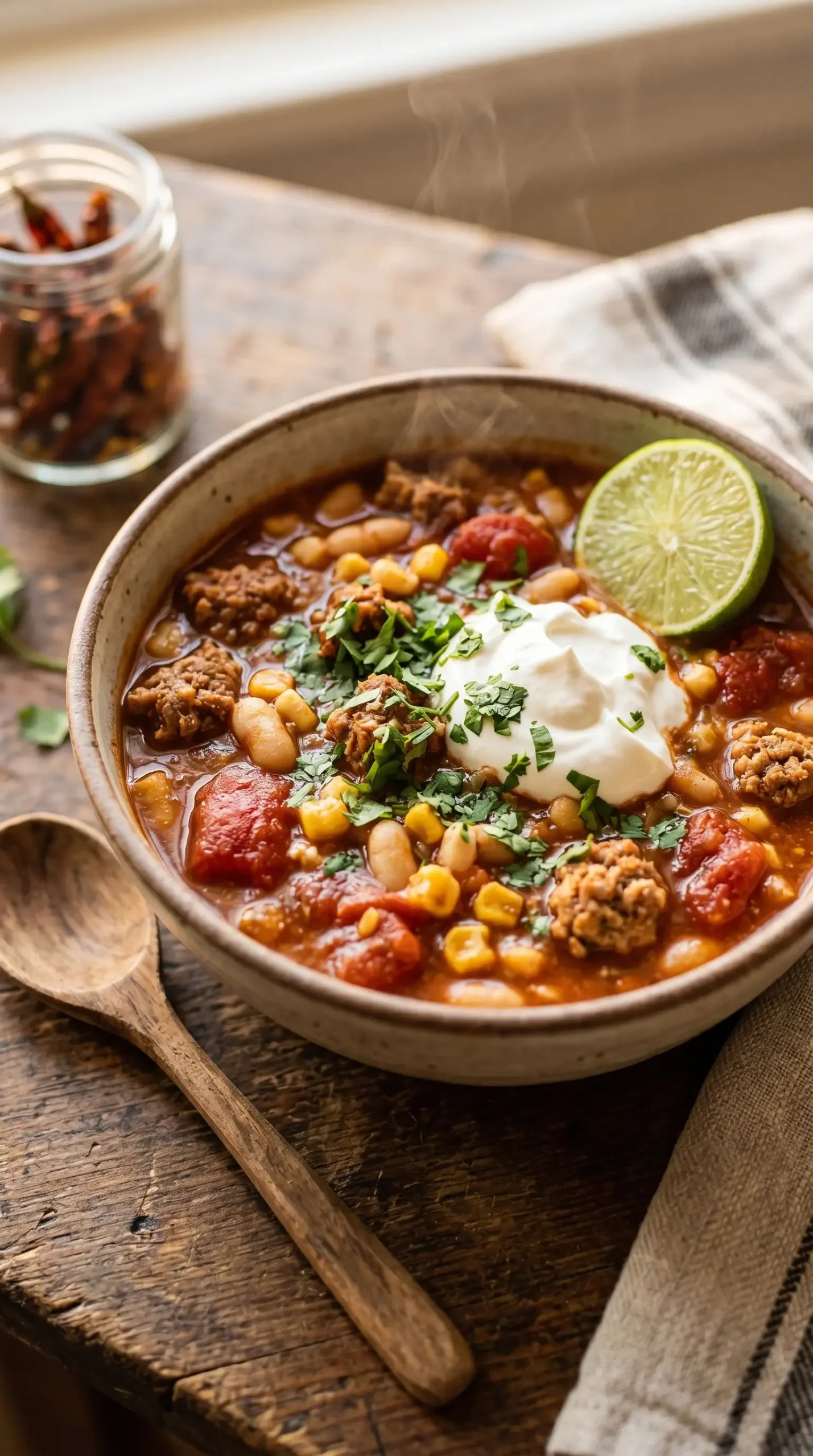 A beautifully plated bowl of Smoky White Bean Chili with Pork, served hot. The chili should be thick and hearty, with visible chunks of sausage, white beans, and hominy. A generous dollop of sour cream is placed on top, garnished with chopped cilantro and a lime wedge on the side. The bowl should be rustic, with a simple wooden spoon resting beside it, against a soft, warm background that enhances the cozy, inviting feel of the dish.