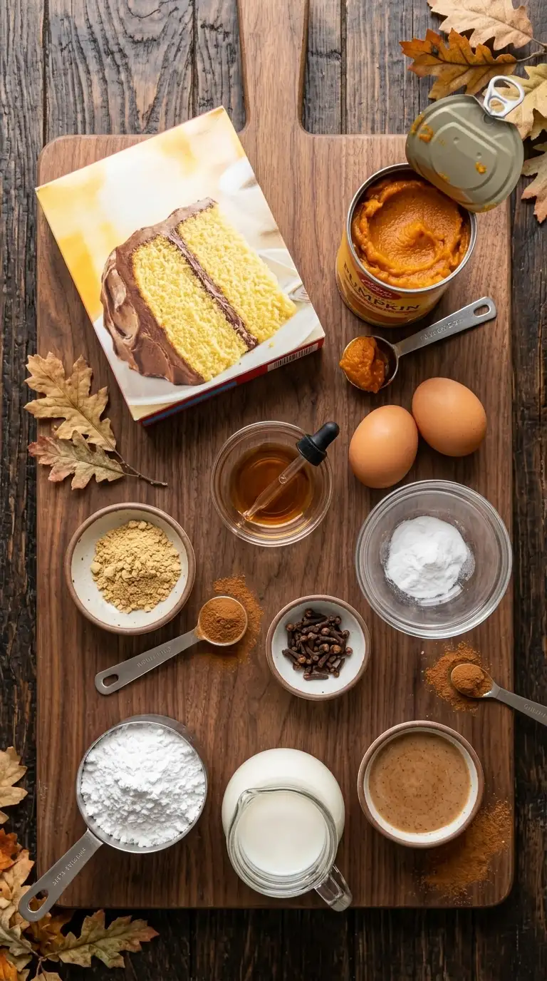 A close-up, organized ingredients board featuring the essential components for the Pumpkin Bundt Cake. Display a package of yellow cake mix, a can of pumpkin puree, two eggs, a small bowl of baking soda, a small bowl with ground ginger, a measuring spoon of cinnamon, a bowl of cloves, a cup of powdered sugar, a small bottle of vanilla extract, a bowl of cinnamon for the glaze, and a tablespoon of milk. Arrange these items on a rustic wooden surface with natural lighting to highlight the textures and colors of the ingredients.