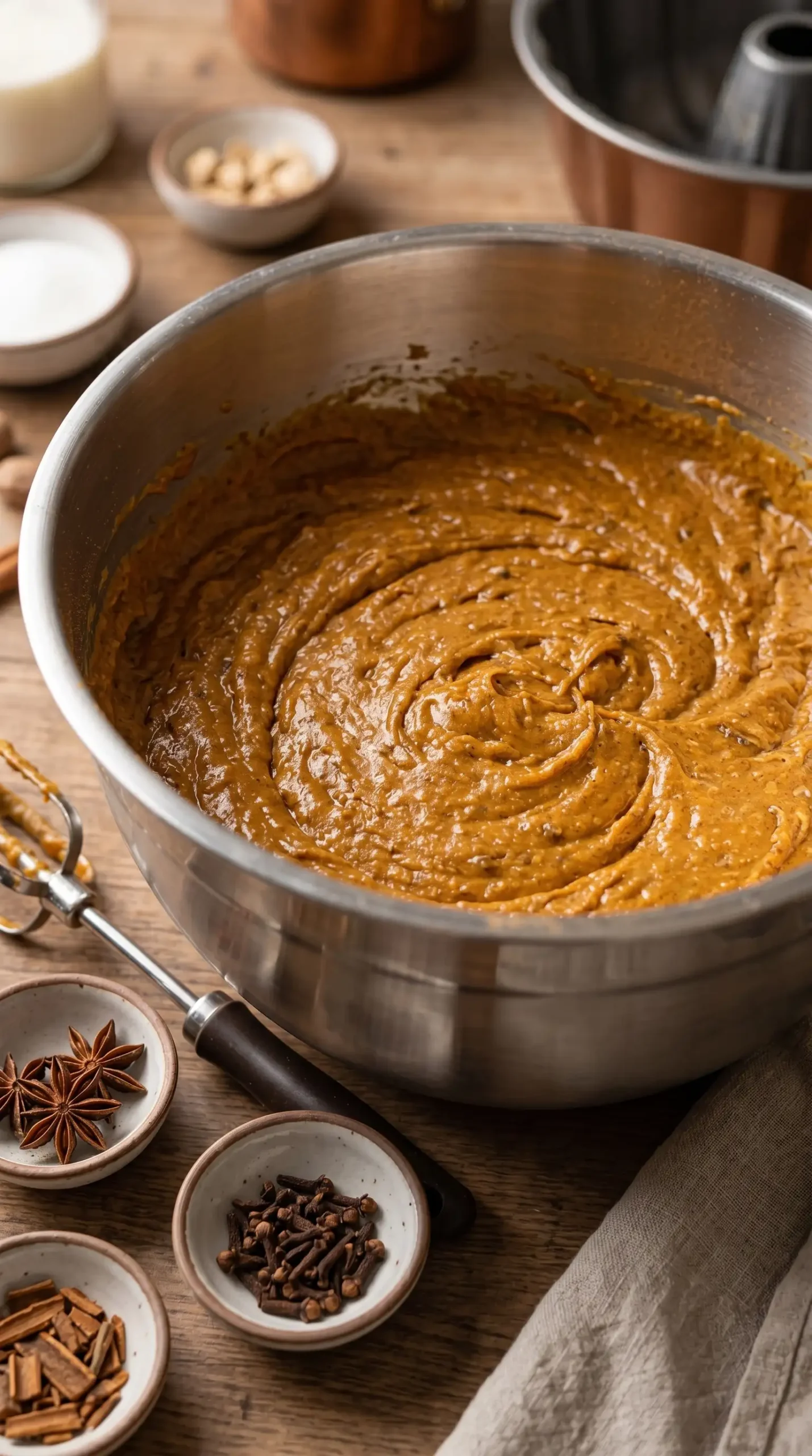 A focused shot of the mixing bowl containing the cake batter for the Pumpkin Bundt Cake. The bowl is filled with a smooth mixture of yellow cake mix, pumpkin puree, eggs, baking soda, ginger, cinnamon, and cloves, with a handheld electric mixer resting beside it. The batter should show a rich orange hue, indicating the pumpkin and spices. The background should be softly blurred to emphasize the mixing process, with a few scattered ingredients like the cinnamon and cloves in small bowls nearby.