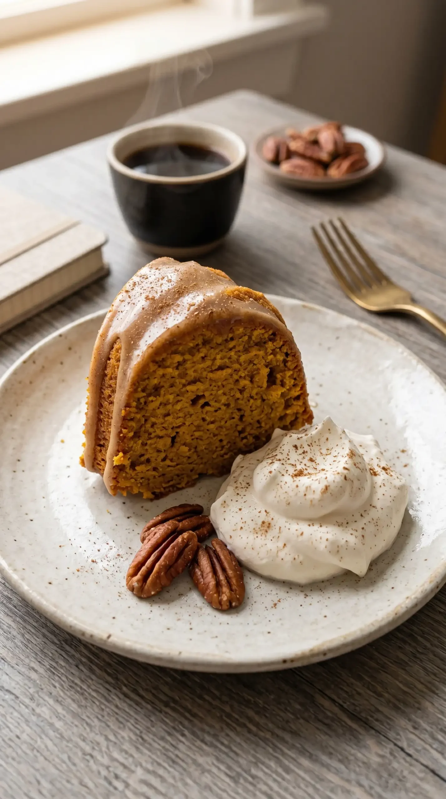 A beautifully plated slice of the finished Pumpkin Bundt Cake drizzled with cinnamon glaze, served on a simple white plate. The cake slice showcases a moist texture and rich orange color, with the glaze glistening on top. A dollop of whipped cream and a sprinkle of cinnamon are placed next to the cake slice. In the background, a steaming cup of coffee and a few toasted pecans add warmth and an inviting atmosphere to the scene, with soft natural lighting enhancing the overall appeal.