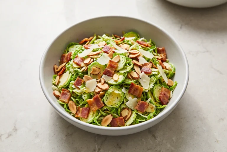 Bacon brussel sprout salad with citrus dressing, almonds, and Pecorino-Romano in a bowl