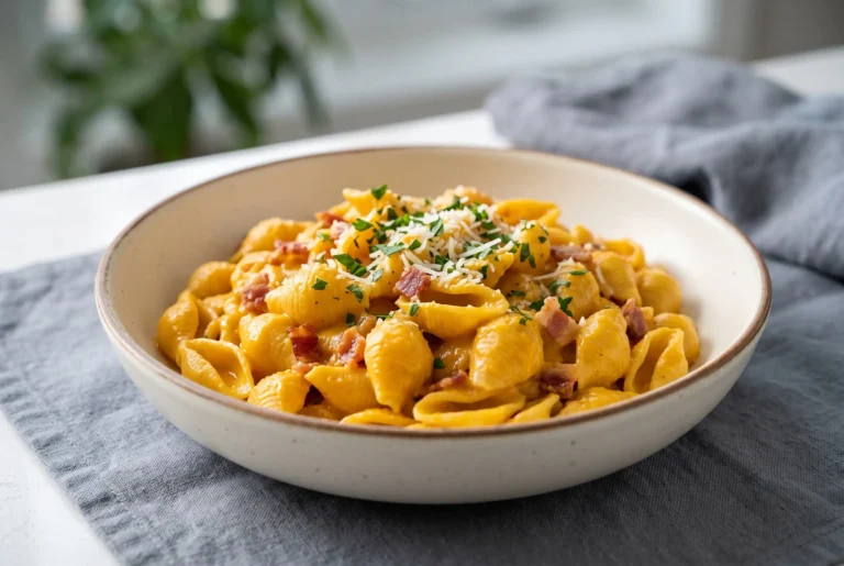 Bacon pumpkin pasta with shell pasta in creamy pumpkin sauce topped with bacon, cheese, and herbs