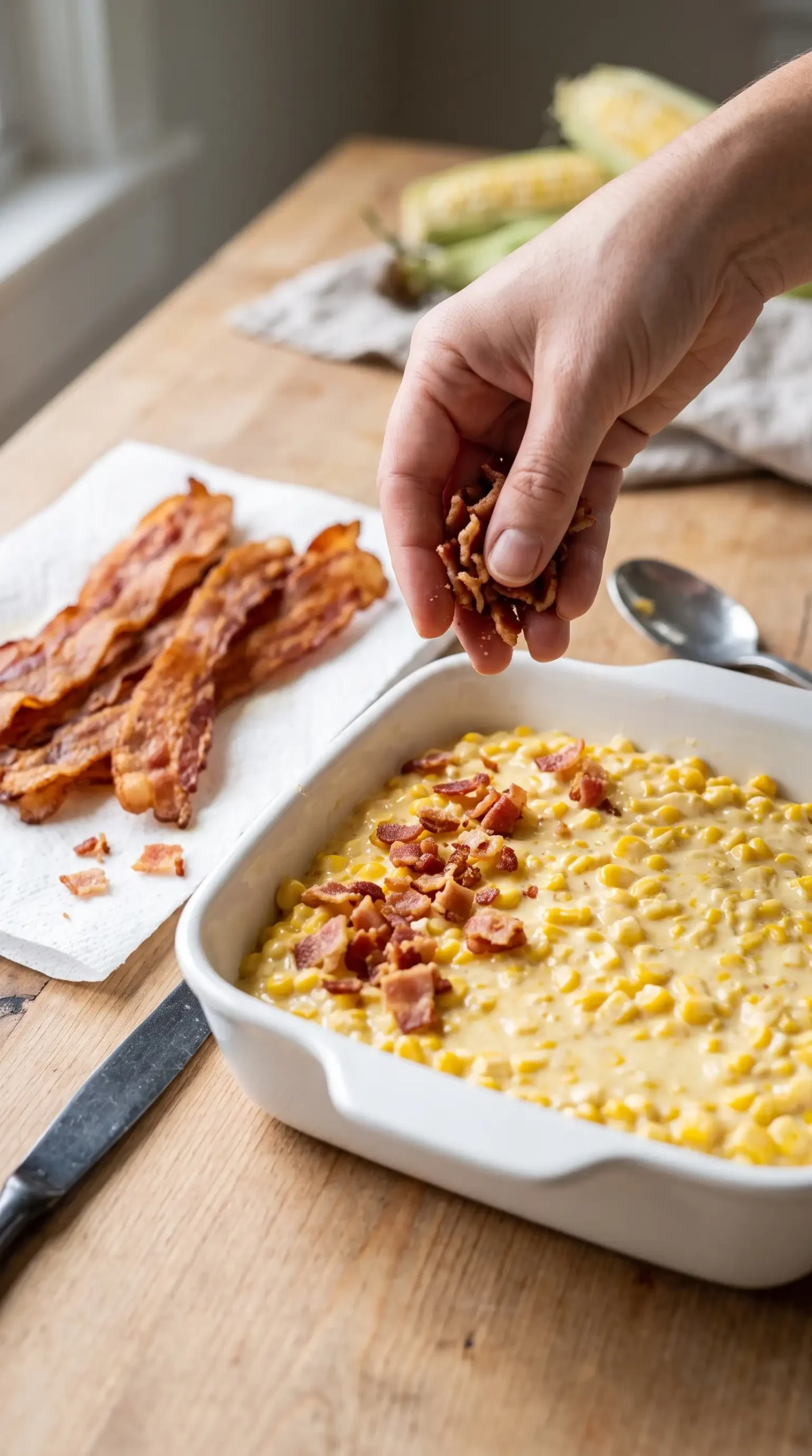 Crisp bacon pieces sprinkled over creamy corn casserole mixture before baking