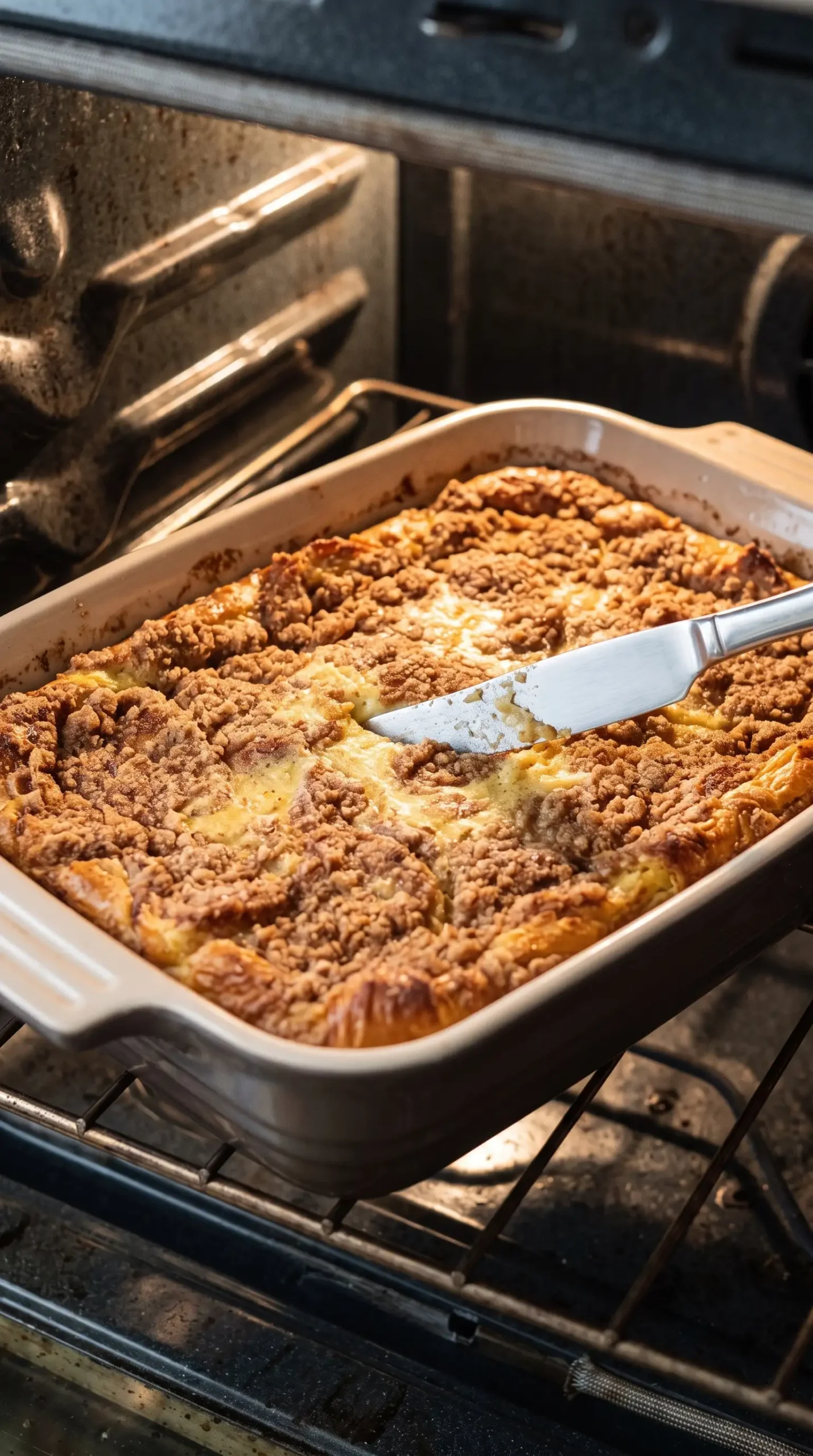 Baked croissant cinnamon French toast checked for a set custardy center in a dish
