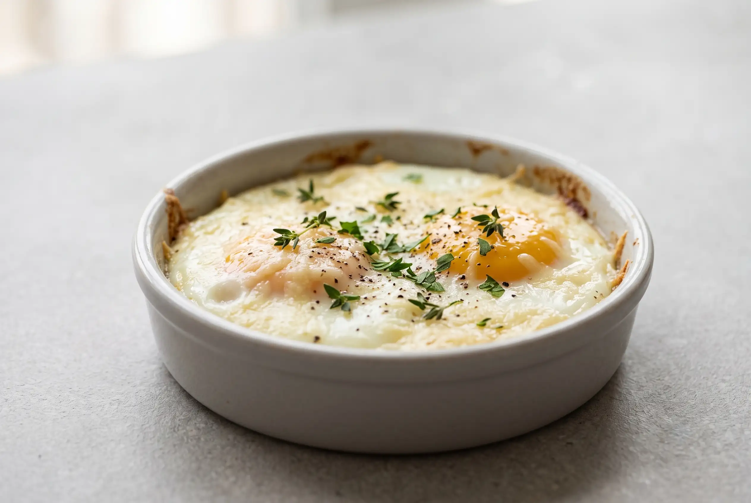 Baked Eggs with Parmesan in Ramekin Baked eggs with parmesan in a ceramic ramekin topped with thyme and herbs