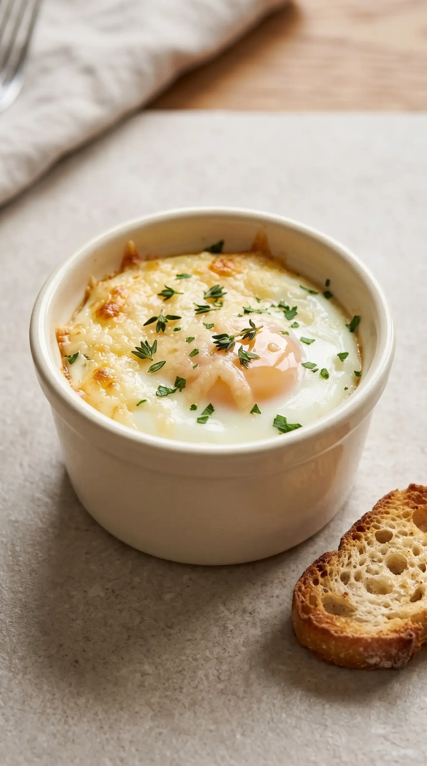 Baked eggs with parmesan served in a warm ramekin with toasted sourdough