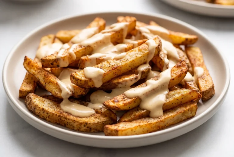 Baked spicy fries topped with a creamy garlic cheese sauce finishing layer on a ceramic plate