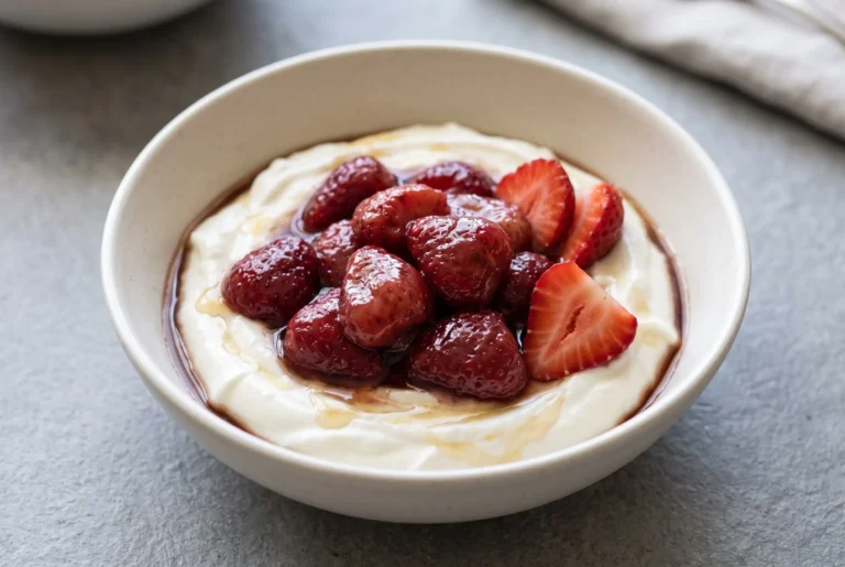 Balsamic strawberry yogurt bowl with Greek yogurt, honey drizzle, and softened strawberries