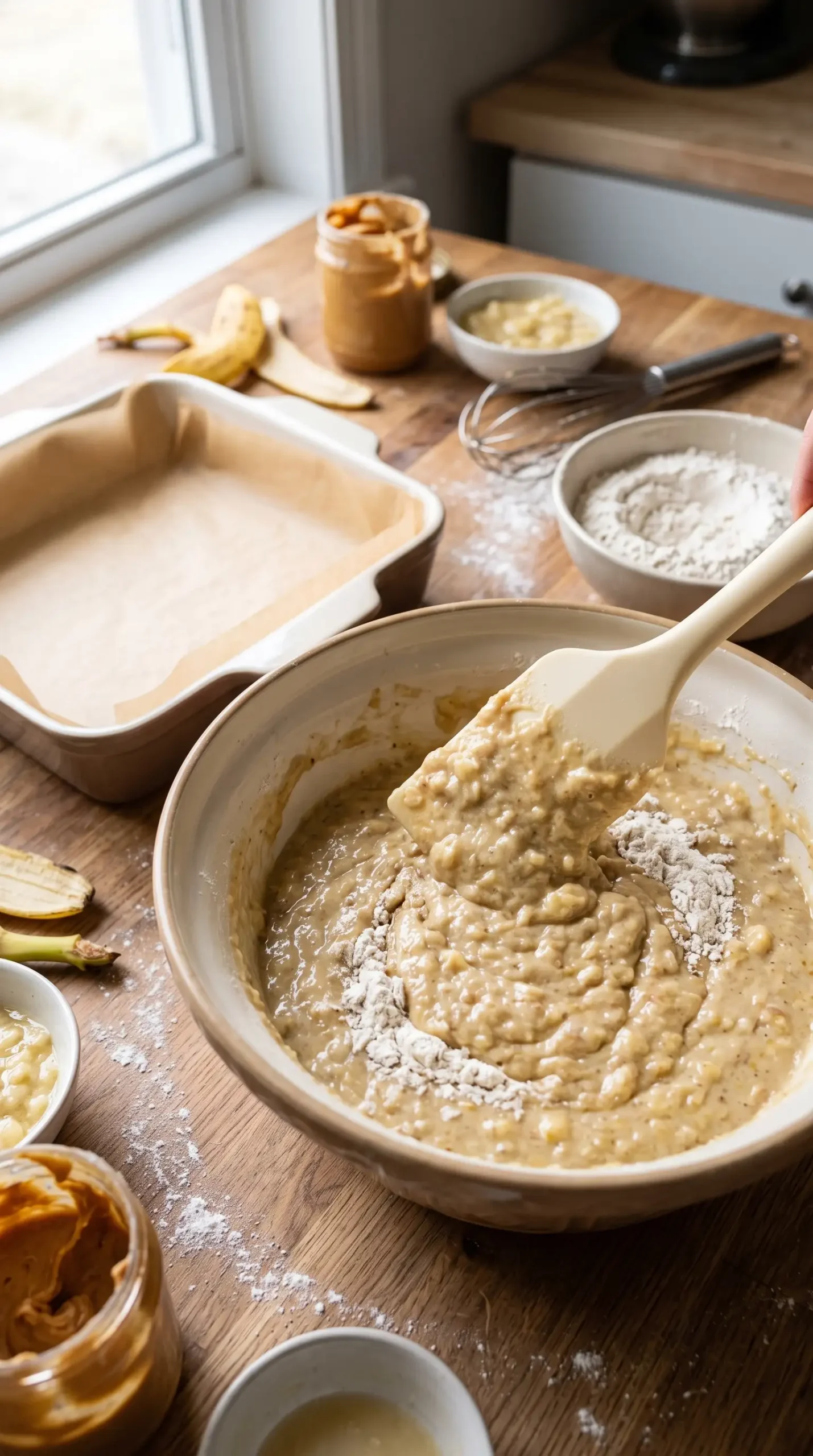 Banana cake batter being mixed beside a 9x9 baking dish before baking