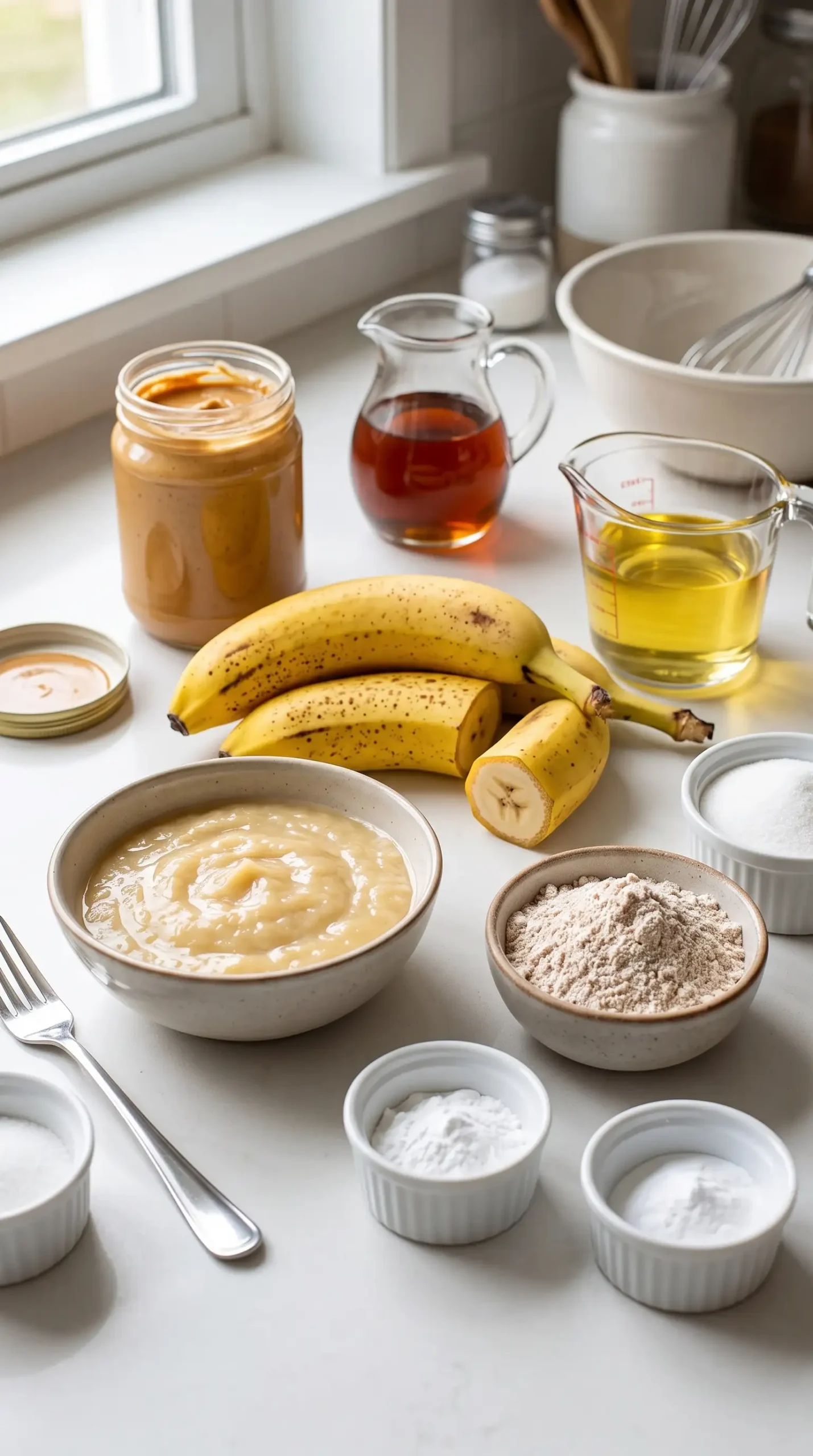 Banana cake ingredients with bananas, puree, flour, peanut butter, and baking supplies
