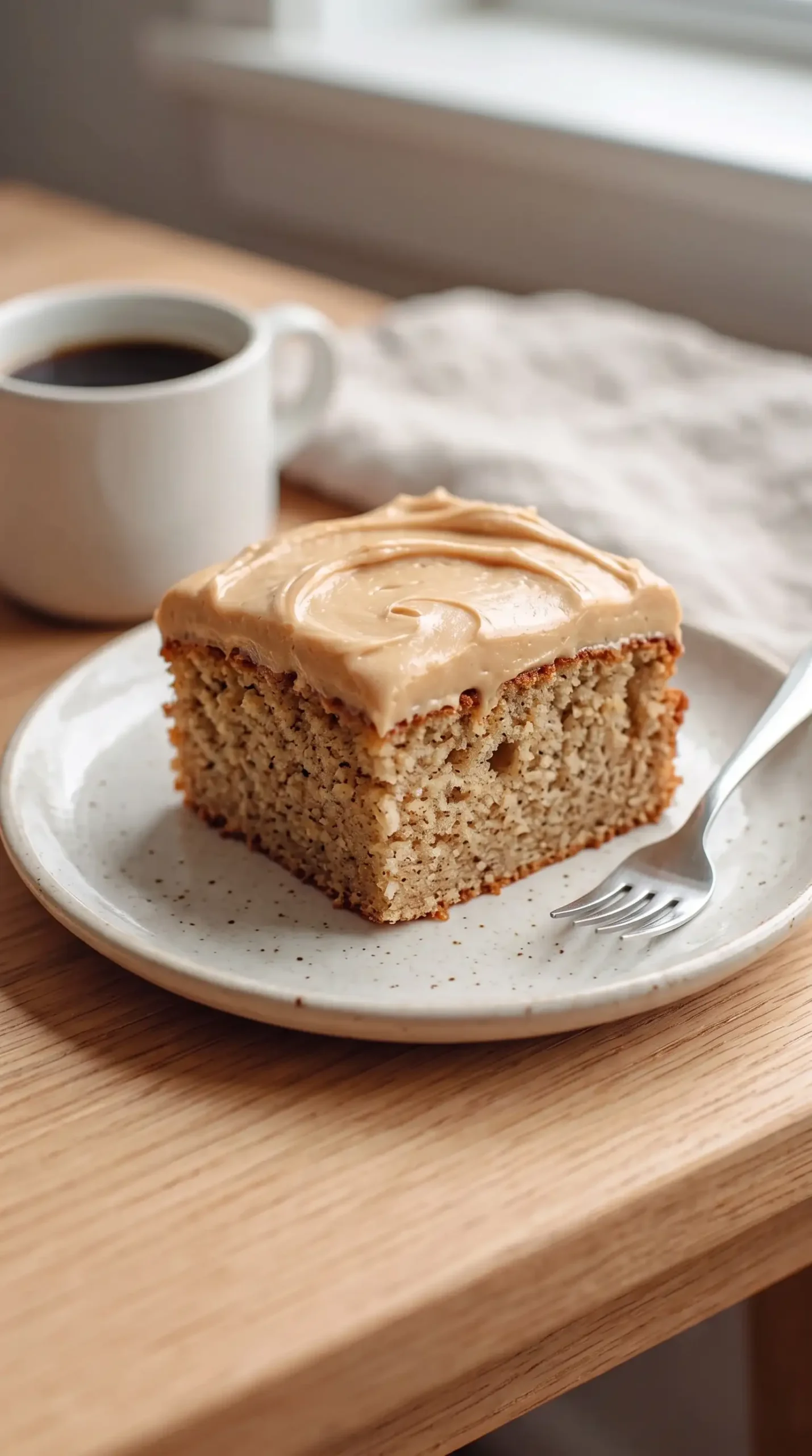 Slice of banana cake with creamy peanut butter topping served on a plate
