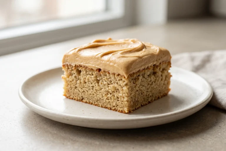 Square slice of banana cake with peanut butter topping on a ceramic plate