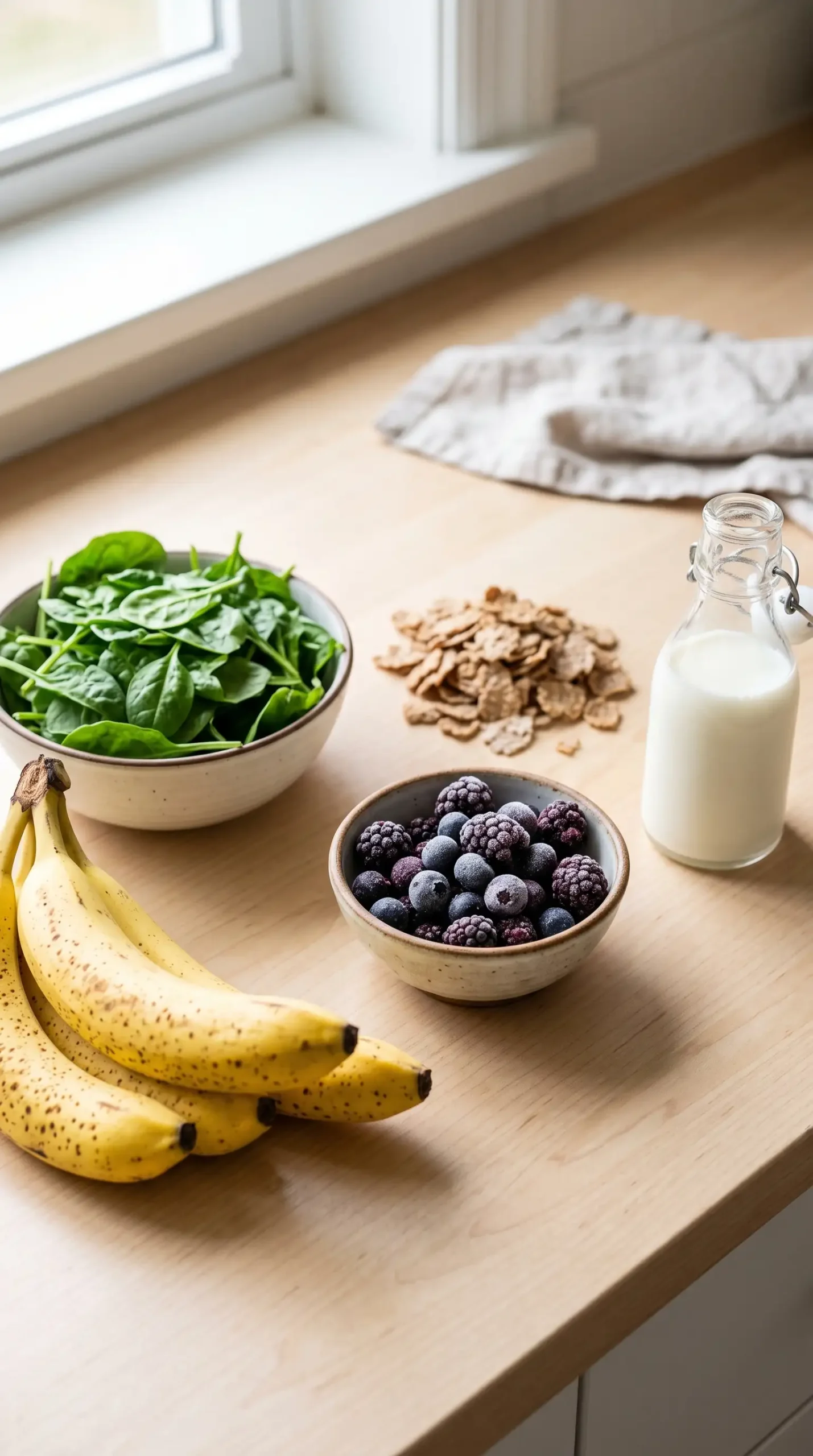 Ingredients for a berry green smoothie with bananas, spinach, berries, bran cereal, and milk