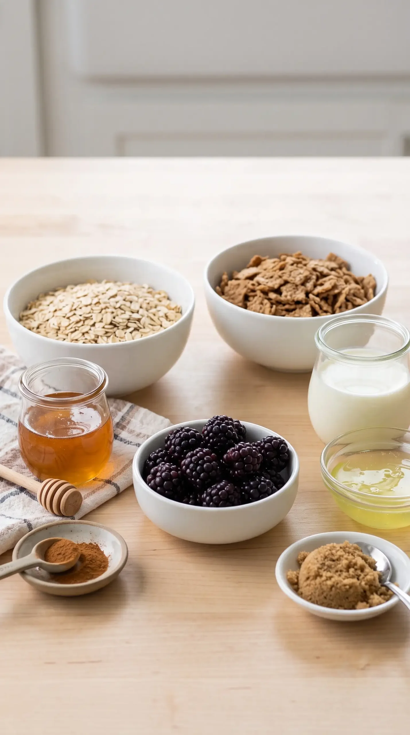 Ingredients for blackberries and cream oats including oats, berries, honey, and cereal