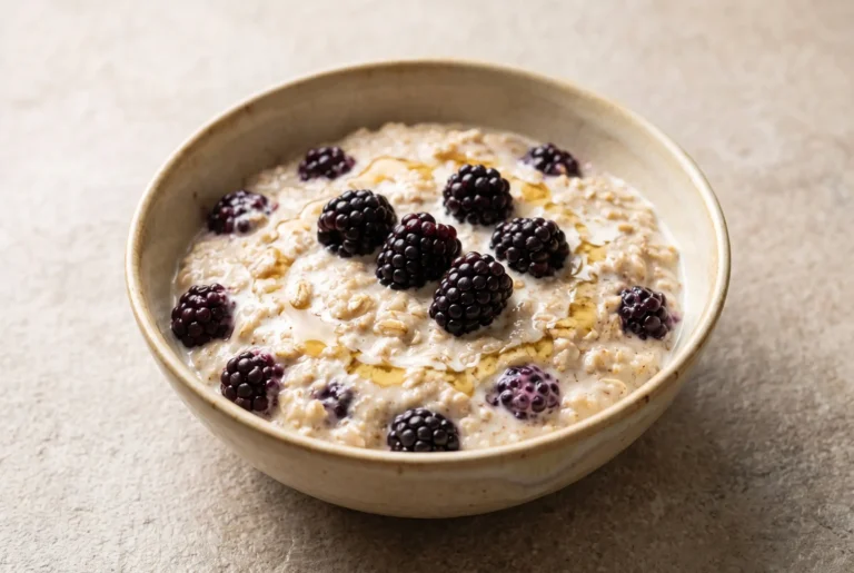 Bowl of blackberries and cream oats with honey, topped with fresh berries and a creamy finish