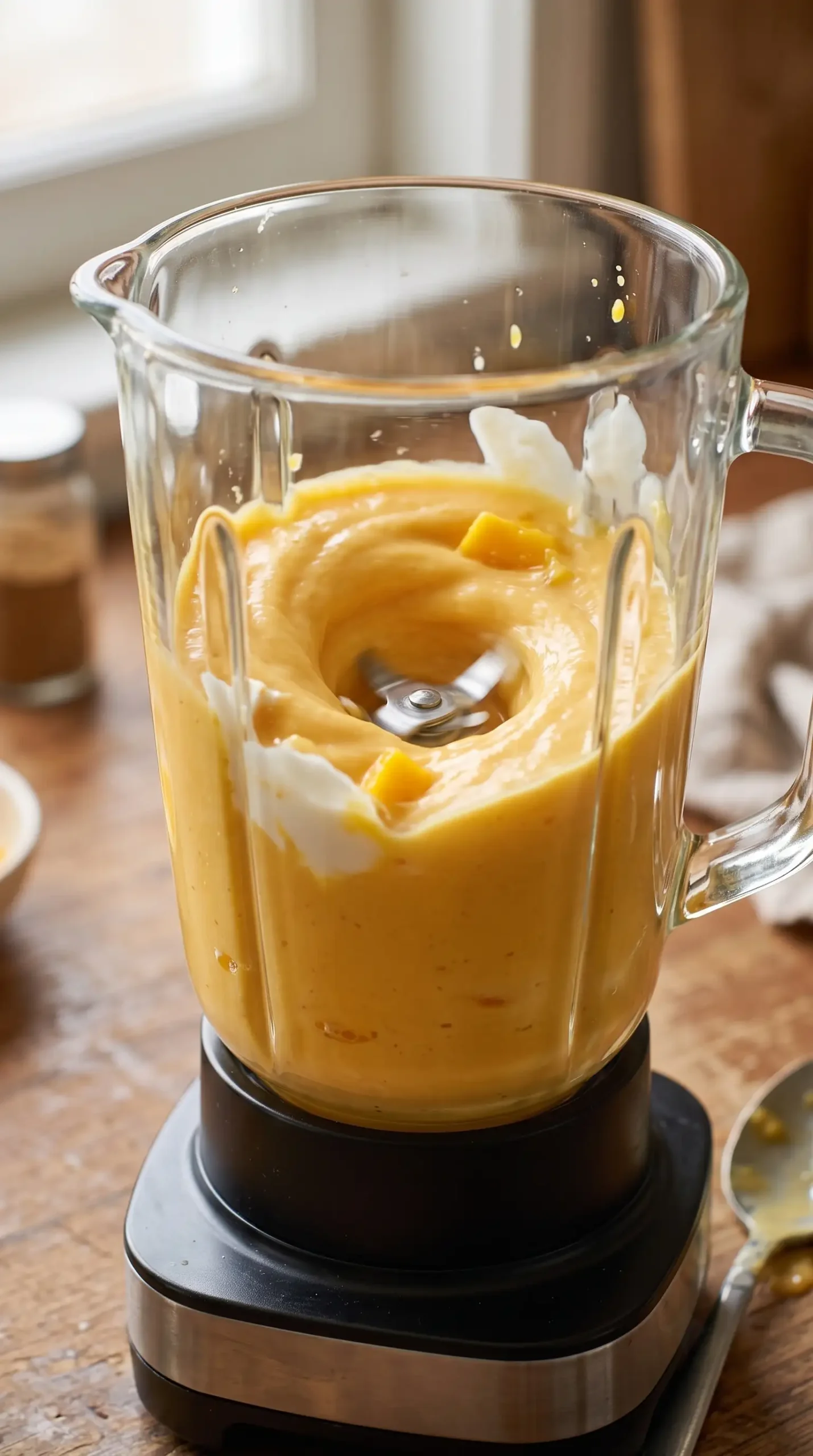 Blender jar mixing mango pieces and yogurt into a smooth creamy mango lassi