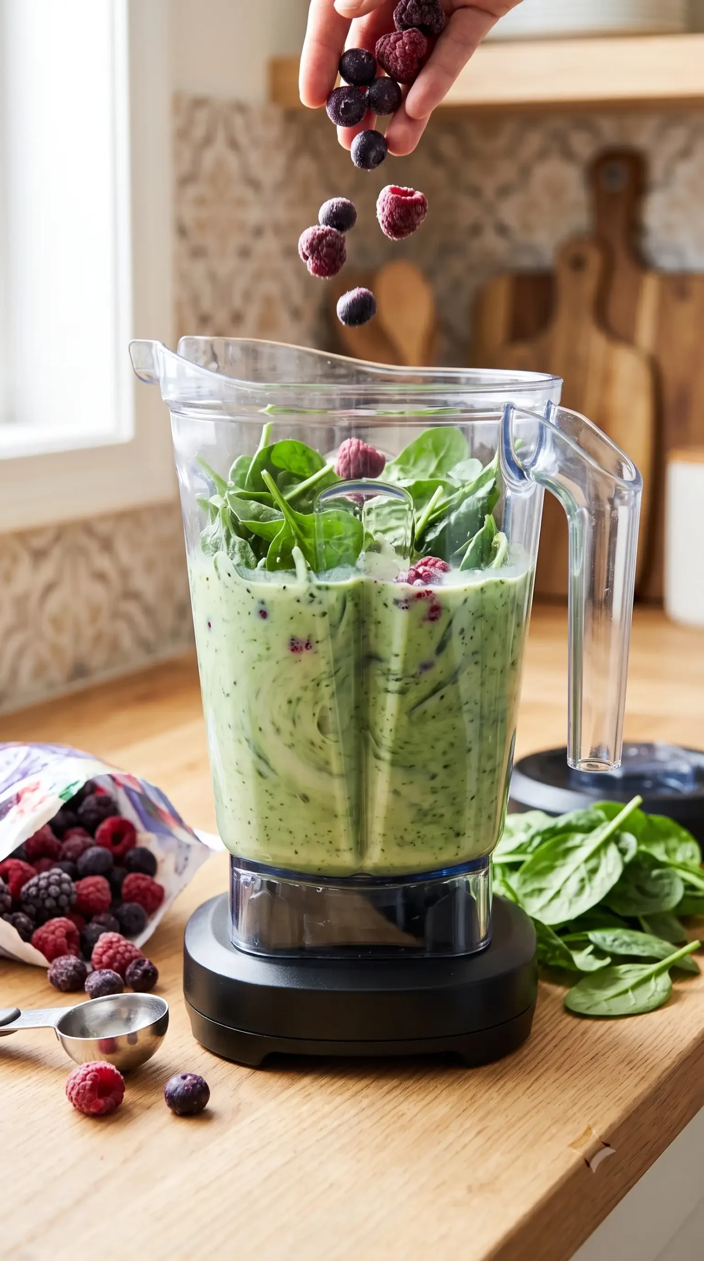 Blender jar mixing spinach and berries into a smooth green smoothie