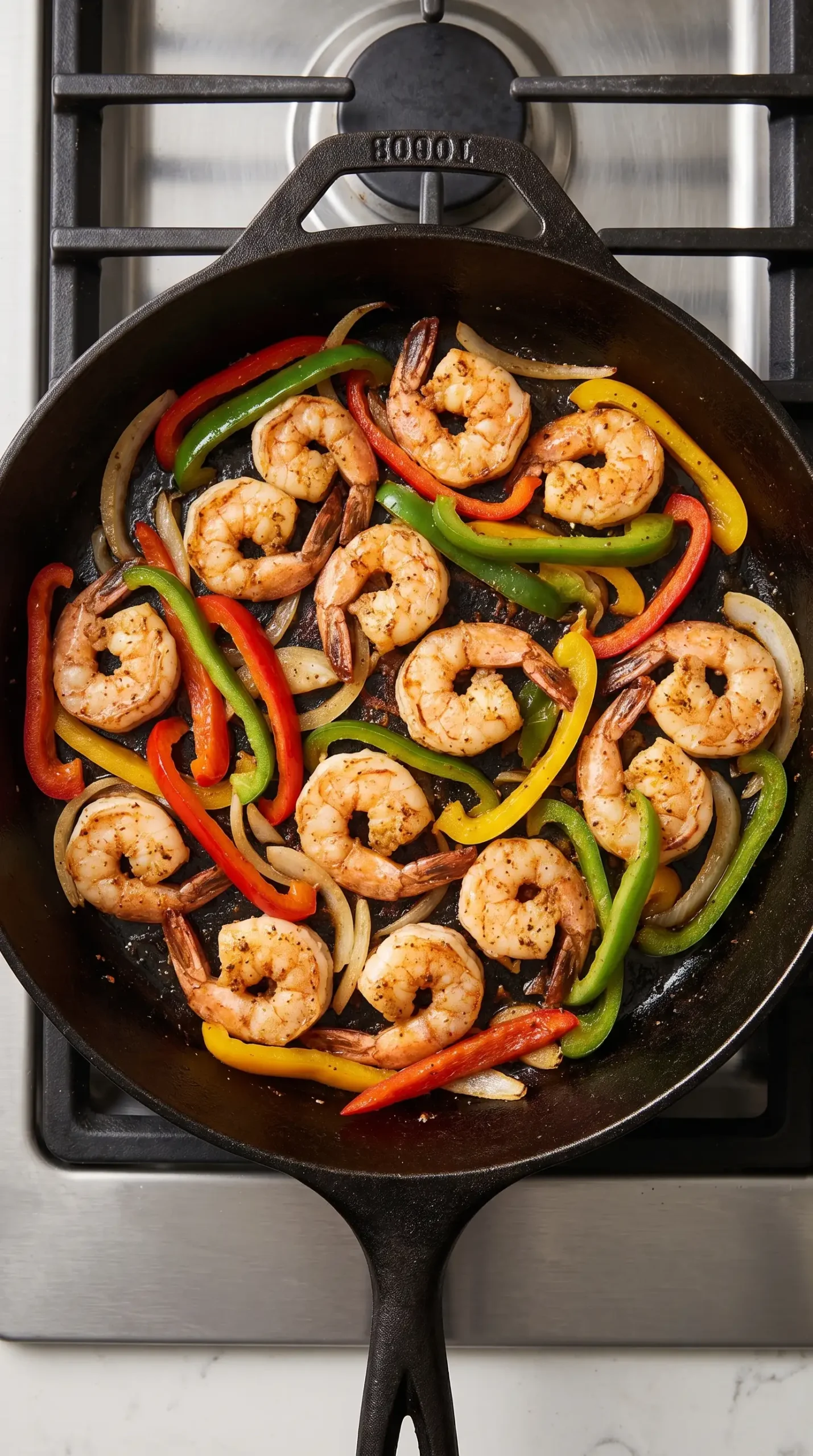 Shrimp, peppers, and onions browning in a skillet for fajita shrimp pasta