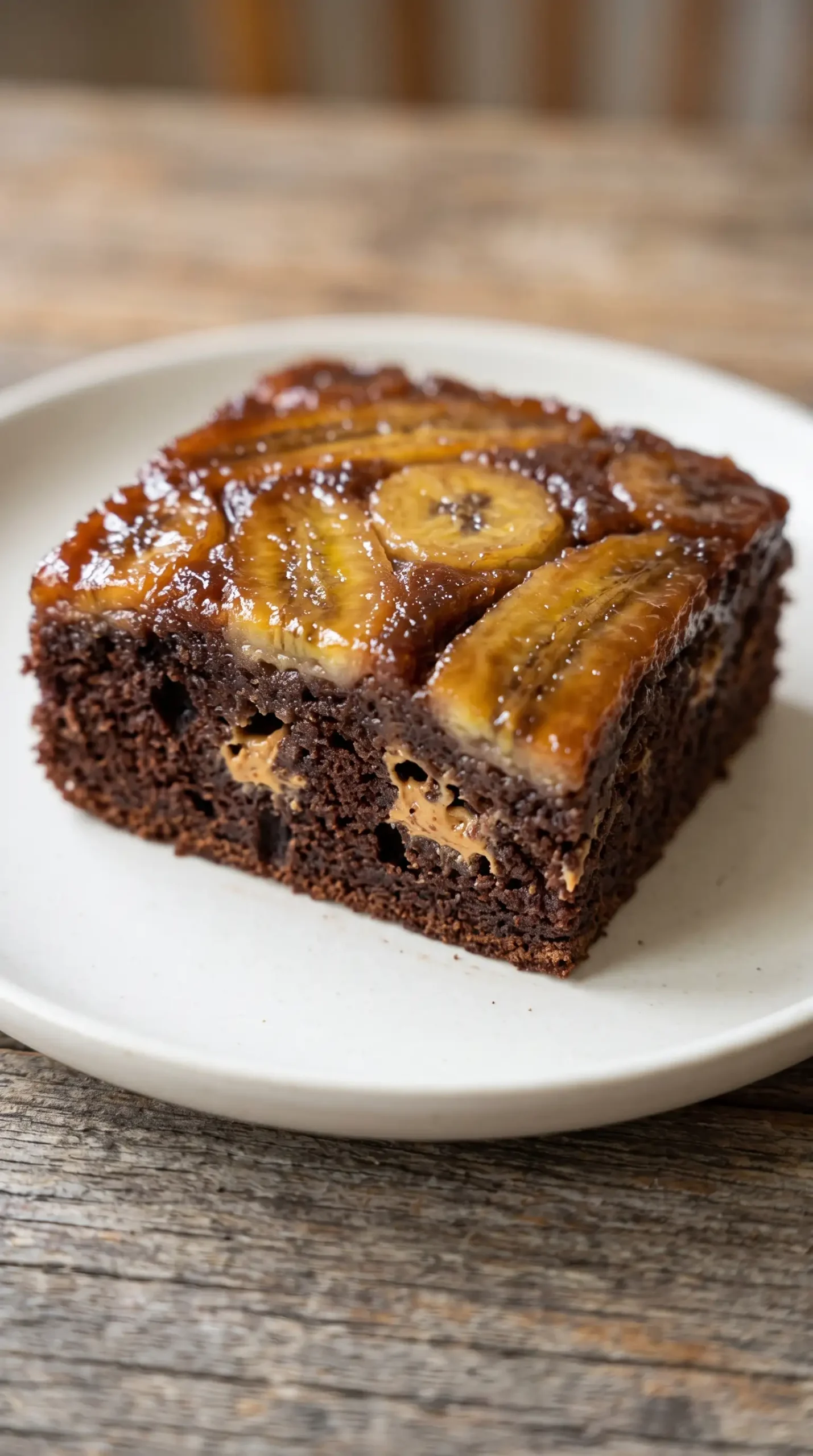 Square of chocolate peanut butter banana cake with glossy caramelized banana topping