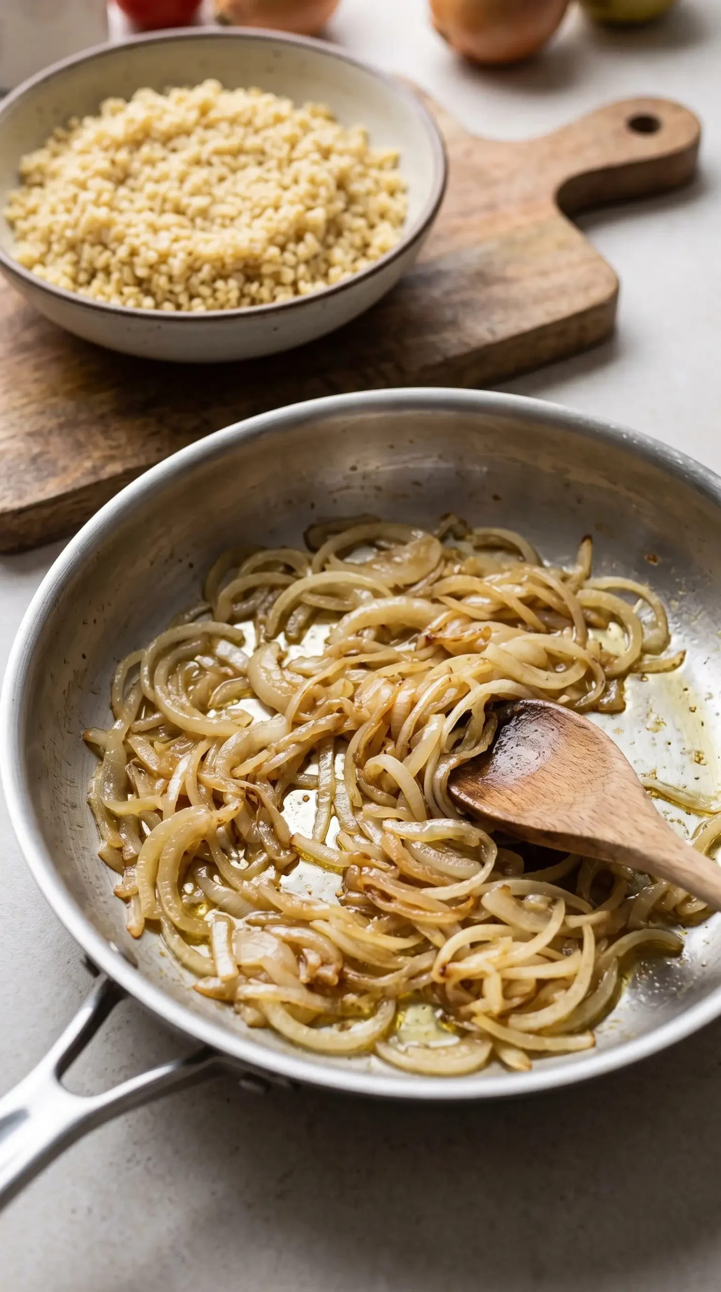 Sliced onions caramelizing in a pan beside cooked bulgur for salad preparation
