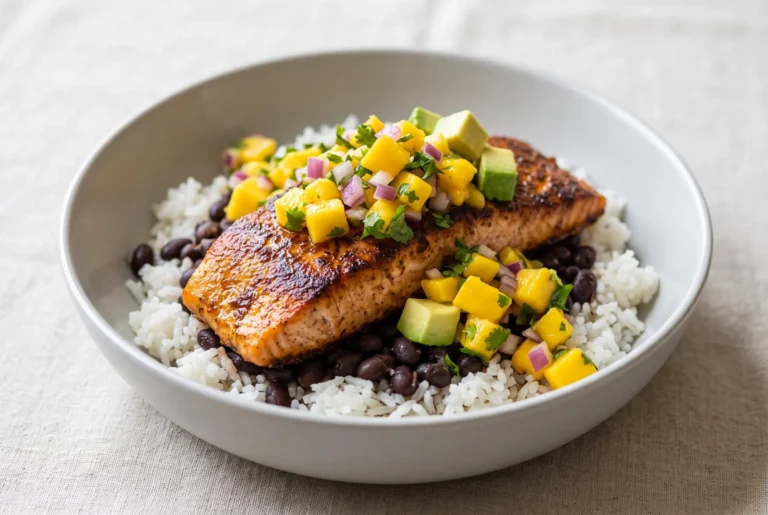 Caribbean jerk salmon bowl with spiced salmon, mango salsa, rice, and black beans