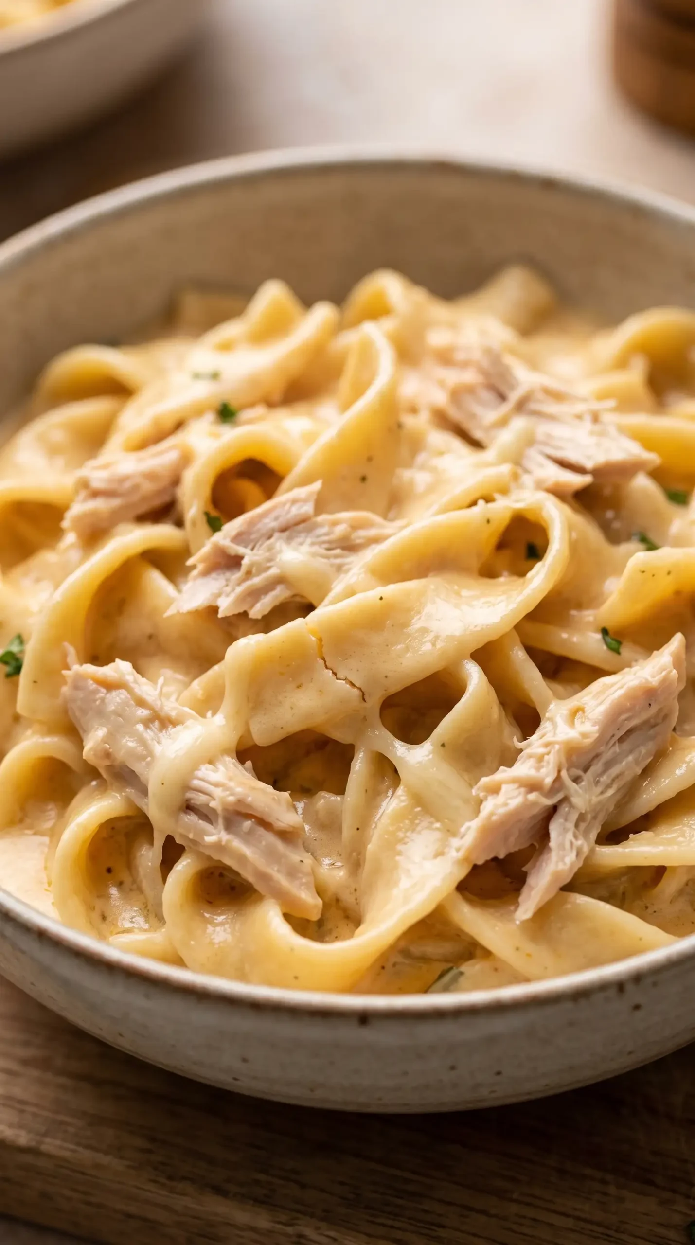 Close-up of cheesy chicken noodles showing creamy sauce, thick egg noodles, and shredded chicken