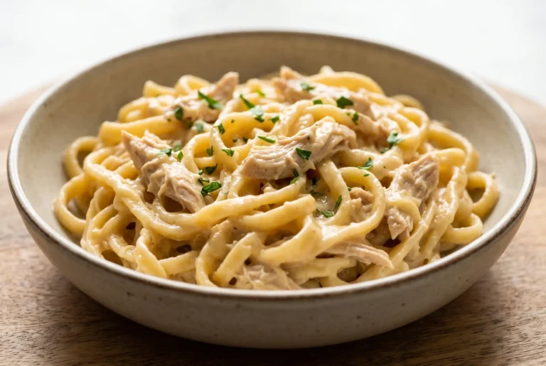 Bowl of cheesy chicken noodles with creamy cheese sauce, egg noodles, and shredded chicken