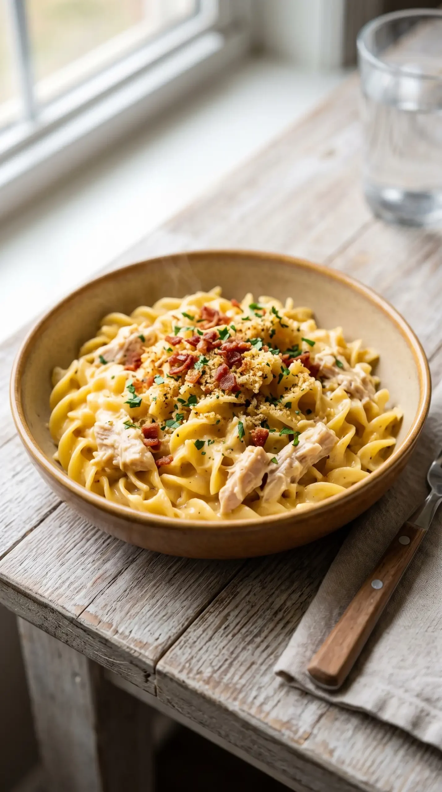 Serving of cheesy chicken noodles topped with bacon, breadcrumbs, and parsley