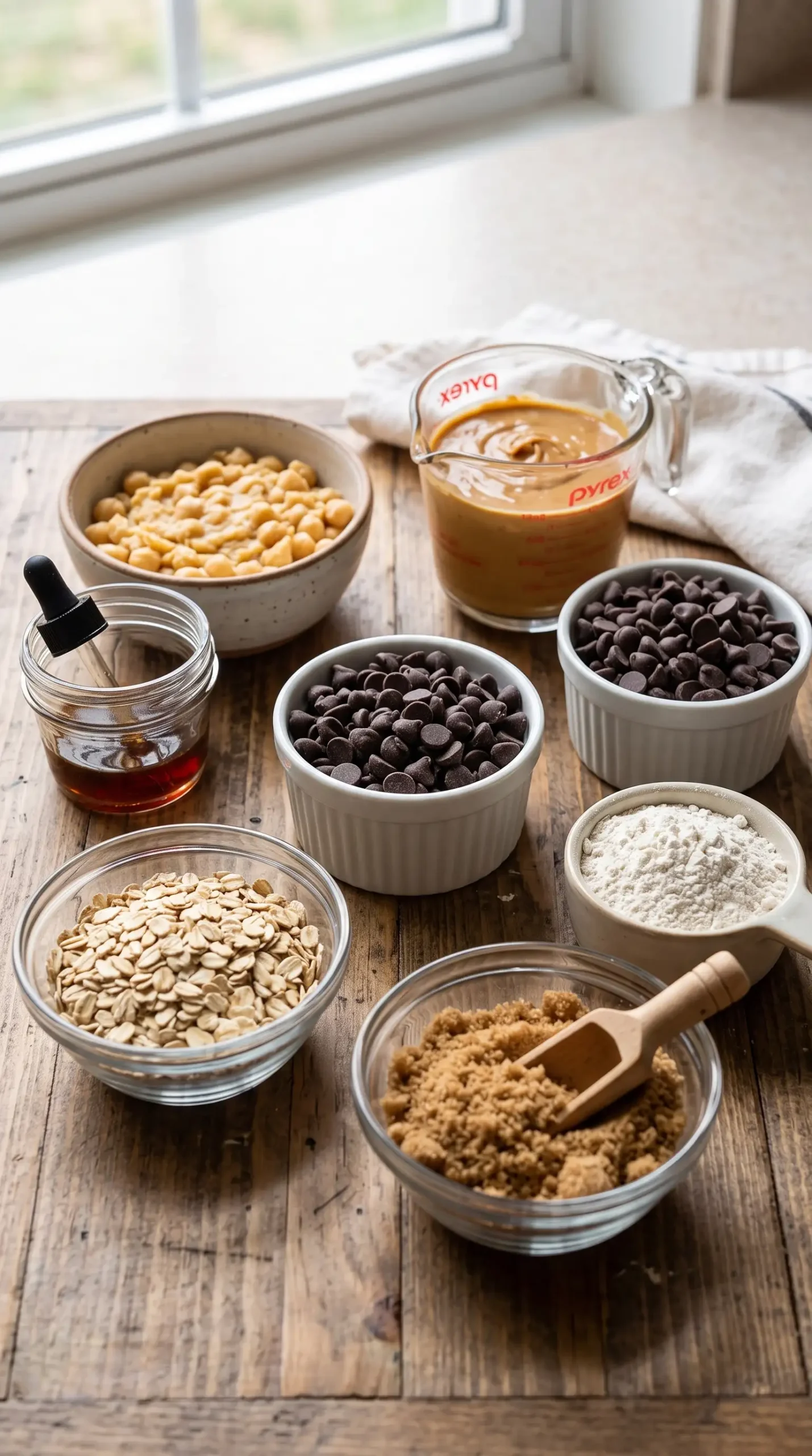 Ingredients for chickpea peanut butter cookie dough with oats, flour, peanut butter, and chocolate chips