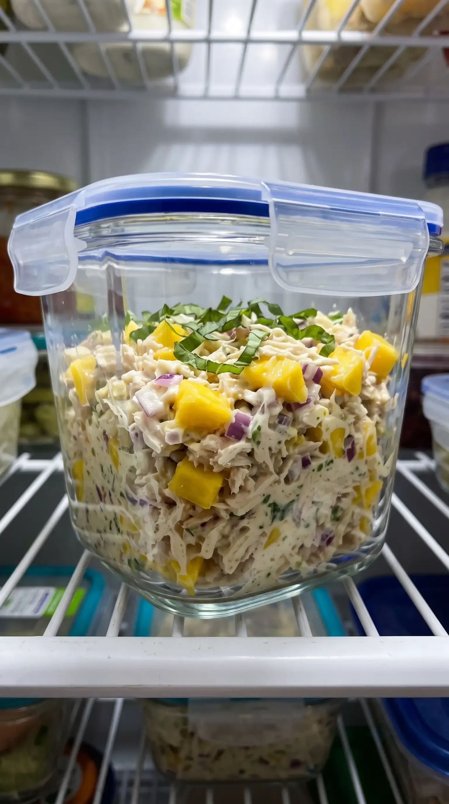 Chilled mango chicken salad filling with diced fruit and creamy texture in a container