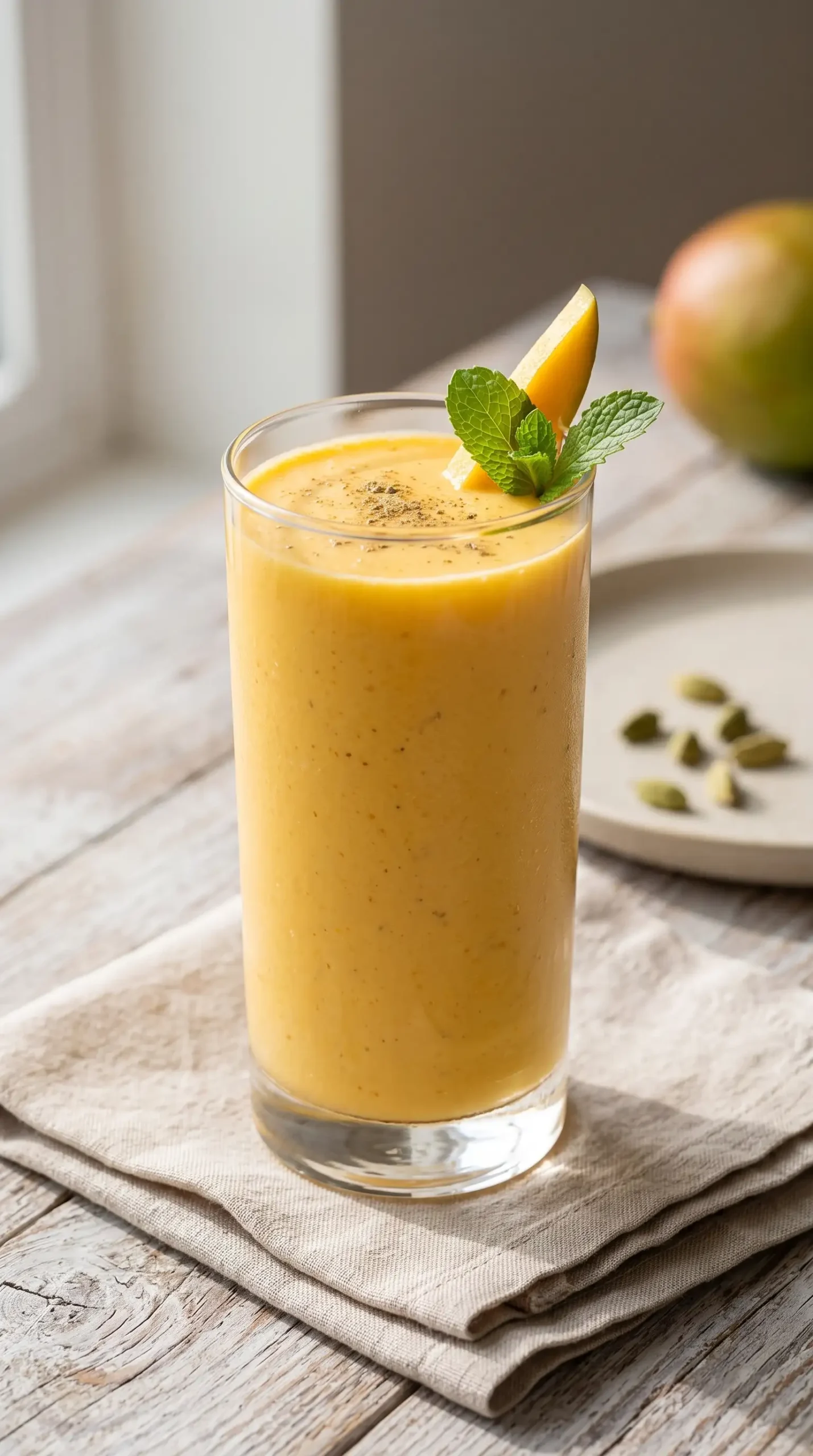 Chilled mango lassi served in a clear glass with mango slice, mint, and cardamom garnish