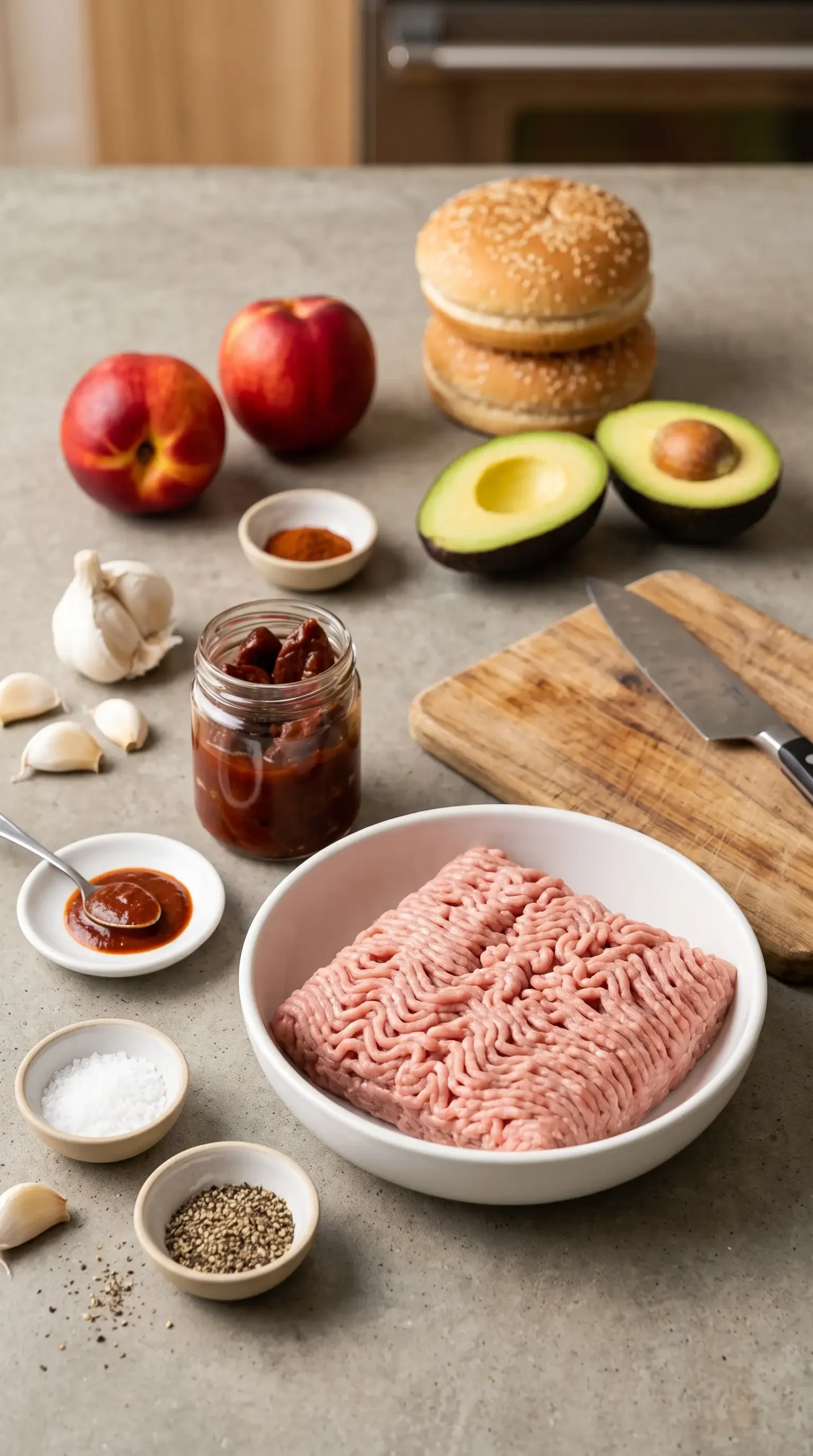 Ingredients for chipotle turkey burger including turkey, nectarines, avocado, and spices