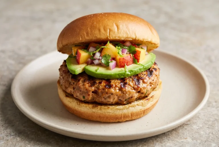 Chipotle turkey burger with avocado and nectarine salsa on a toasted bun