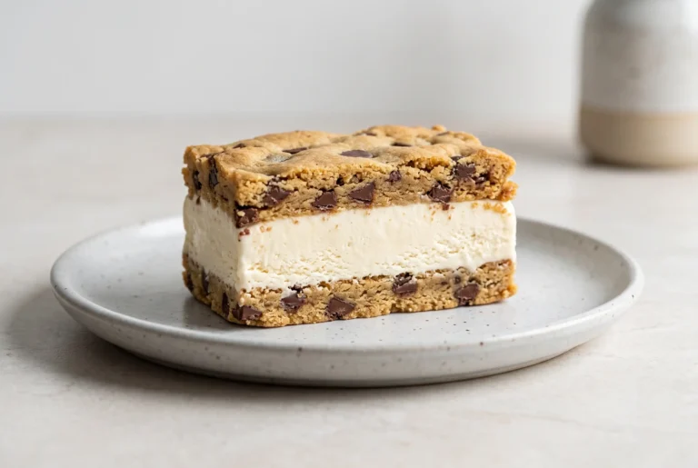 Chocolate chip cookie ice cream bar with vanilla ice cream center on a plate