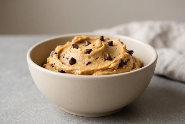 Peanut butter cookie dough with chickpeas and chocolate chips served in a small ceramic bowl