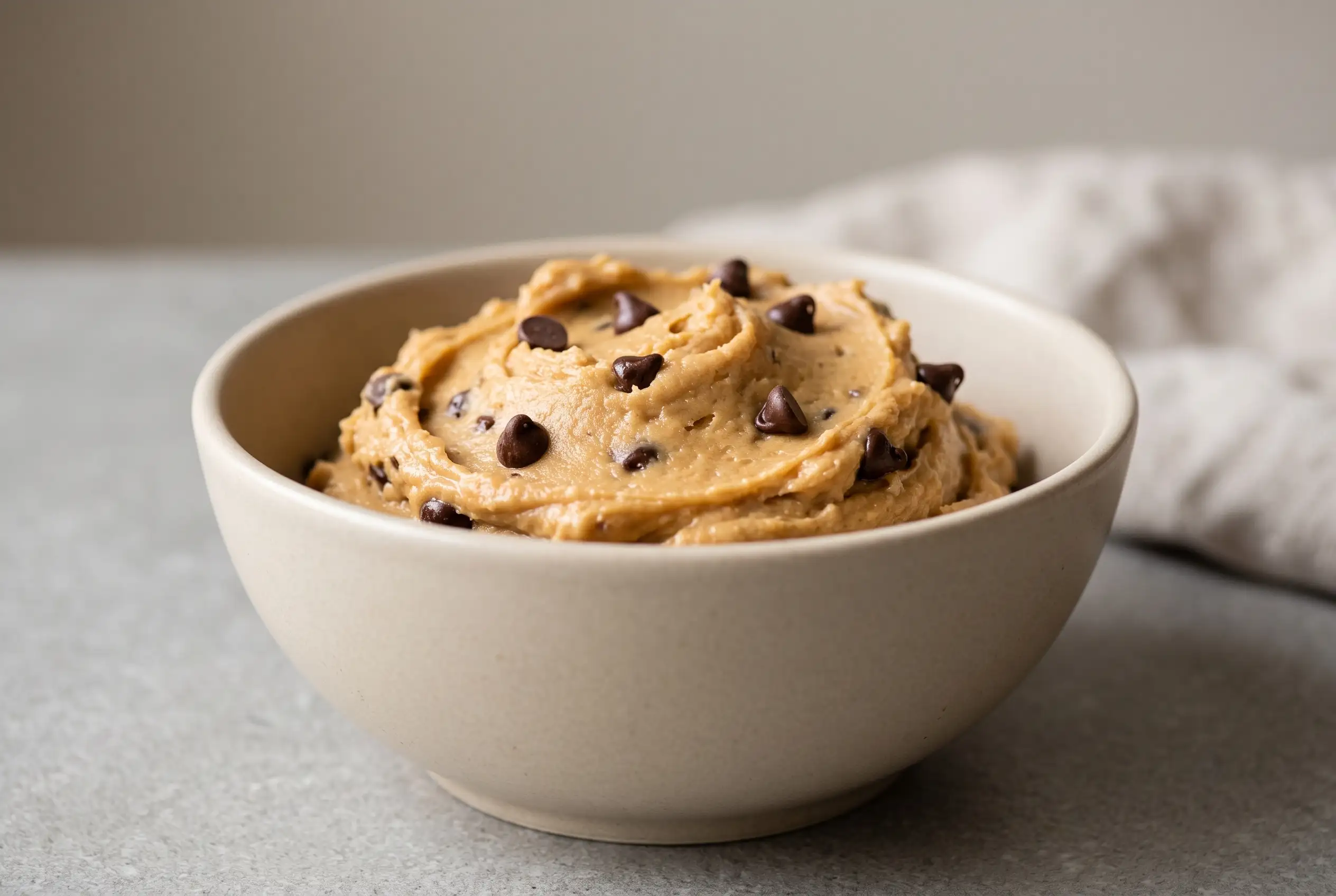 Chocolate Chip Peanut Butter Cookie Dough Bowl Peanut butter cookie dough with chickpeas and chocolate chips served in a small ceramic bowl