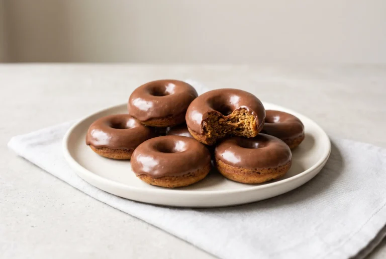 Chocolate glazed mini donuts with smooth chocolate coating on a ceramic plate