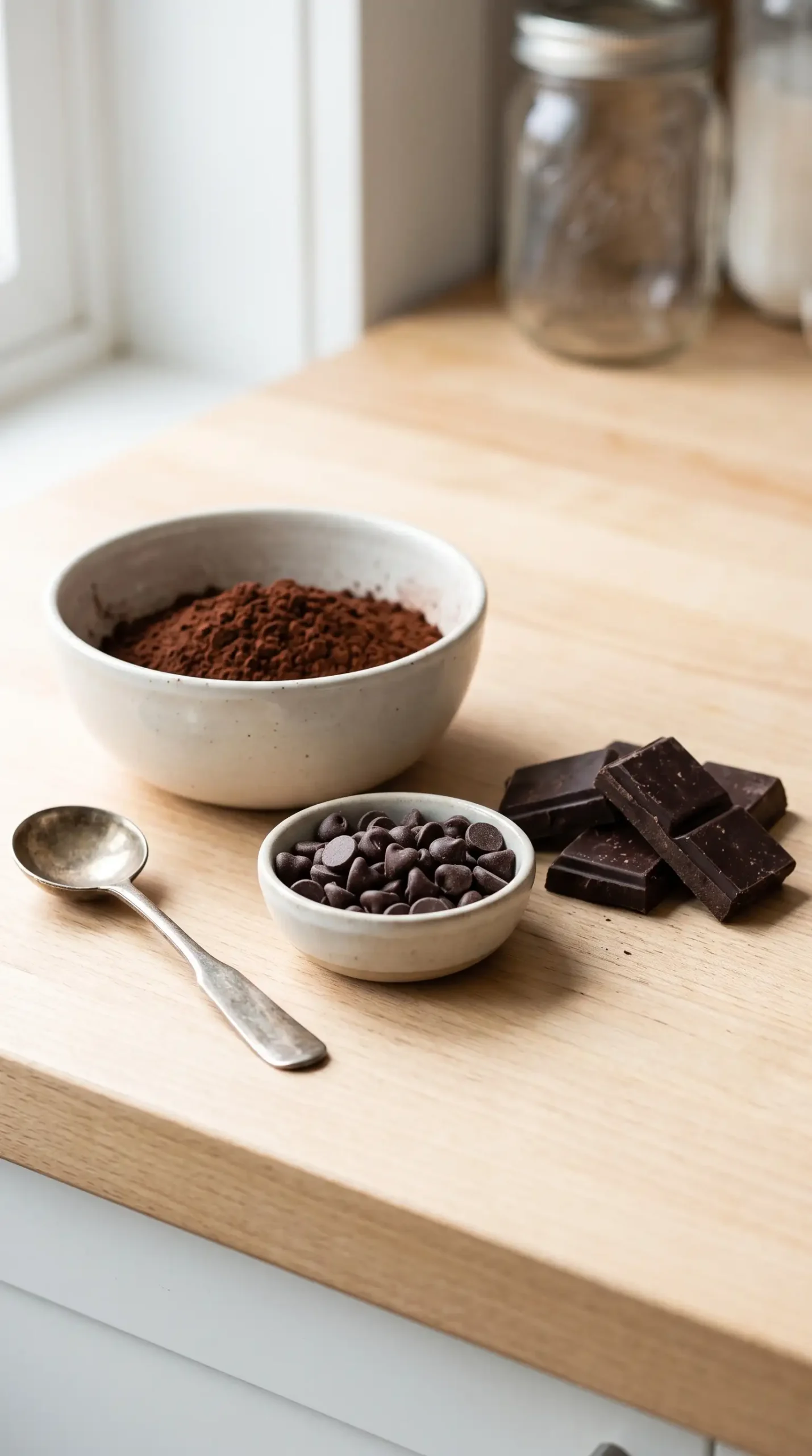 Cocoa powder, chocolate chips, and dark chocolate pieces for muffin preparation