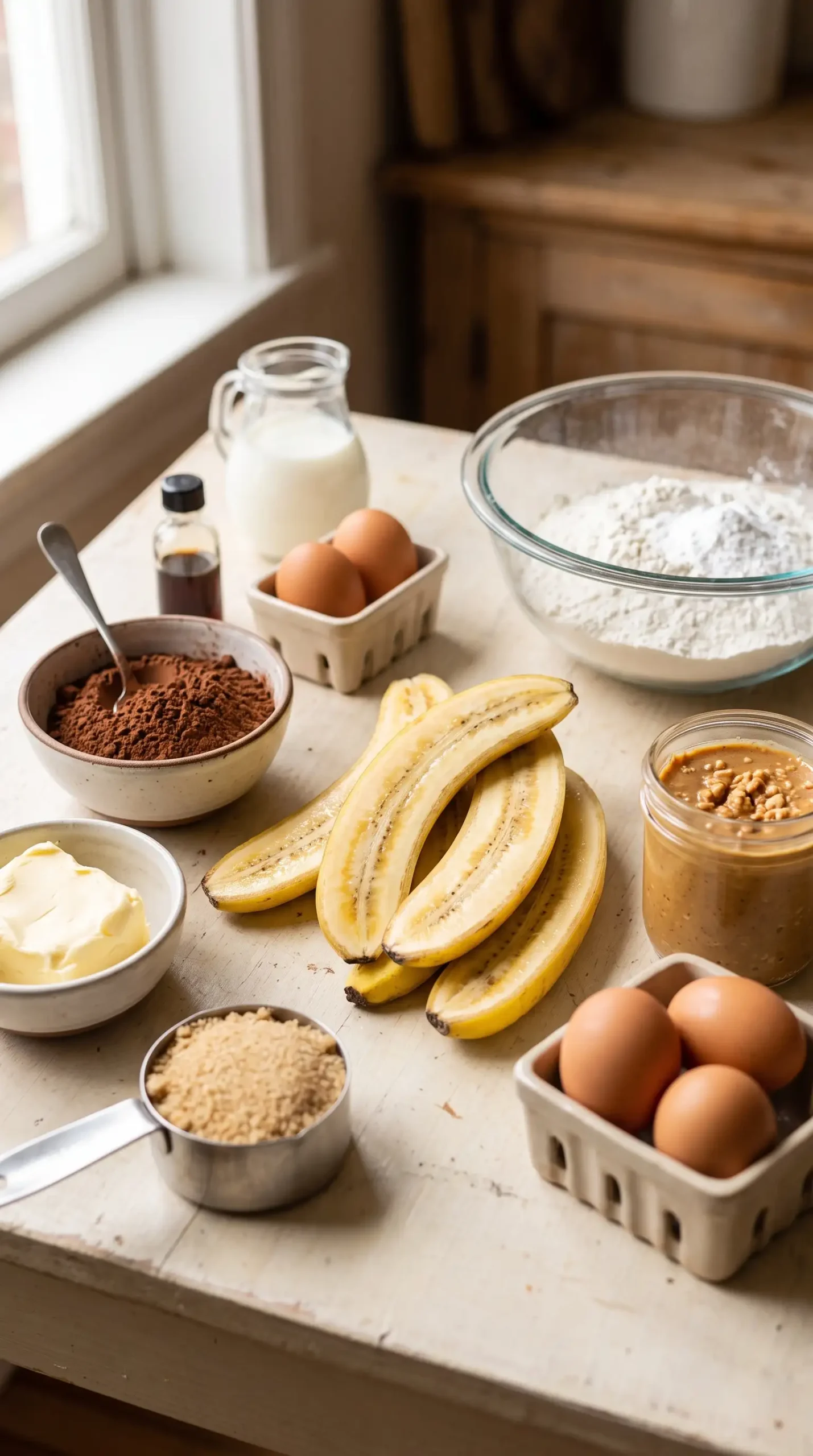 Ingredients for chocolate peanut butter banana upside down cake with bananas, cocoa, peanut butter, and baking staples