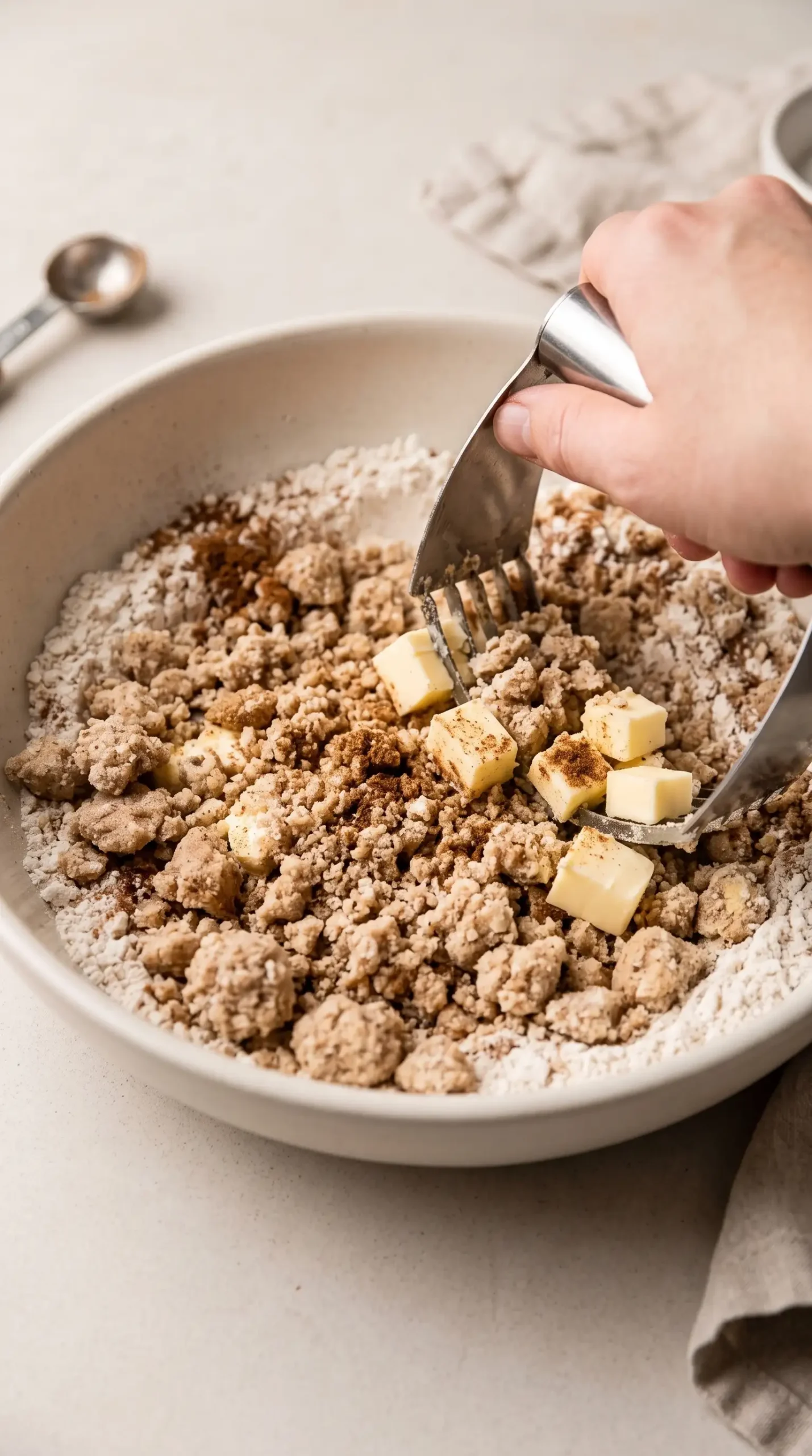 Cinnamon crumb topping mixture with butter pieces being prepared in a bowl